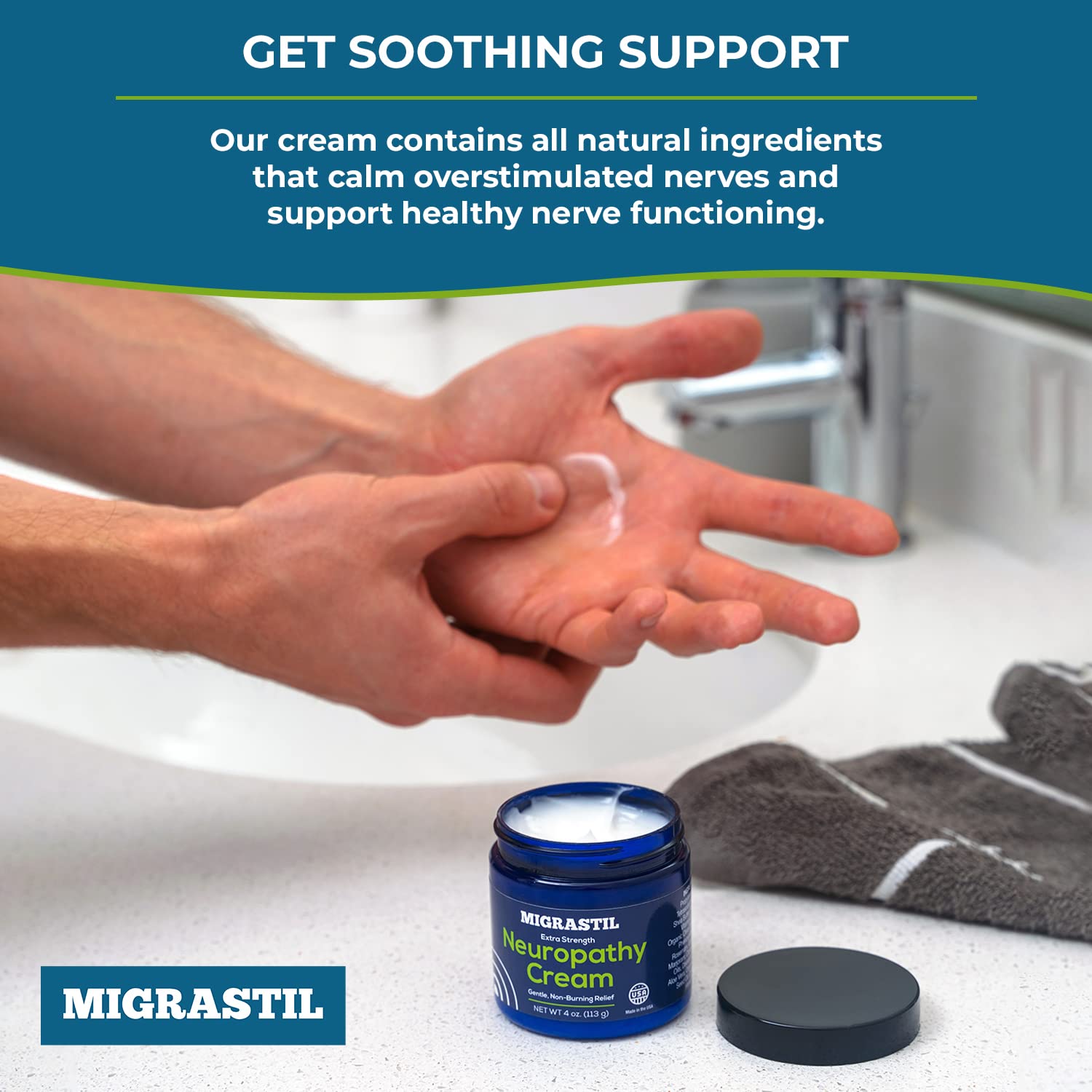 Basic Vigor Migrastil Neuropathy Relief Cream Extra Strength for Feet, Legs, and Hands. Made in The USA. Vegan and Cruelty-Free, Non-Greasy, Gentle, Non-Burning with Cooling Effect (4 oz.) Basic VigorAu supplements