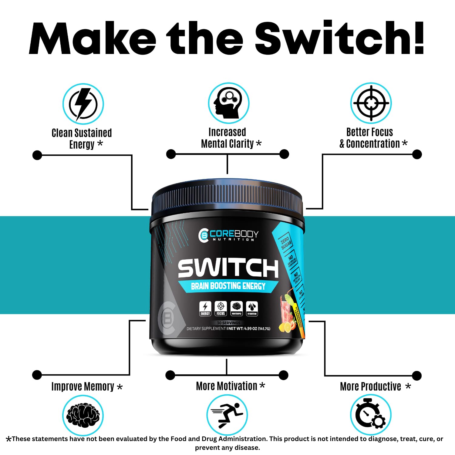 Switch, Brain Boosting Nootropic Energy Supplement Powder - Made in USA - Alpha GPC, NALT, Ashwagandha, Sugar Free Energy, Keto, Increase Mental Focus & Cognitive Function, Enhances Mood & Memory CoreBody NutritionAu supplements
