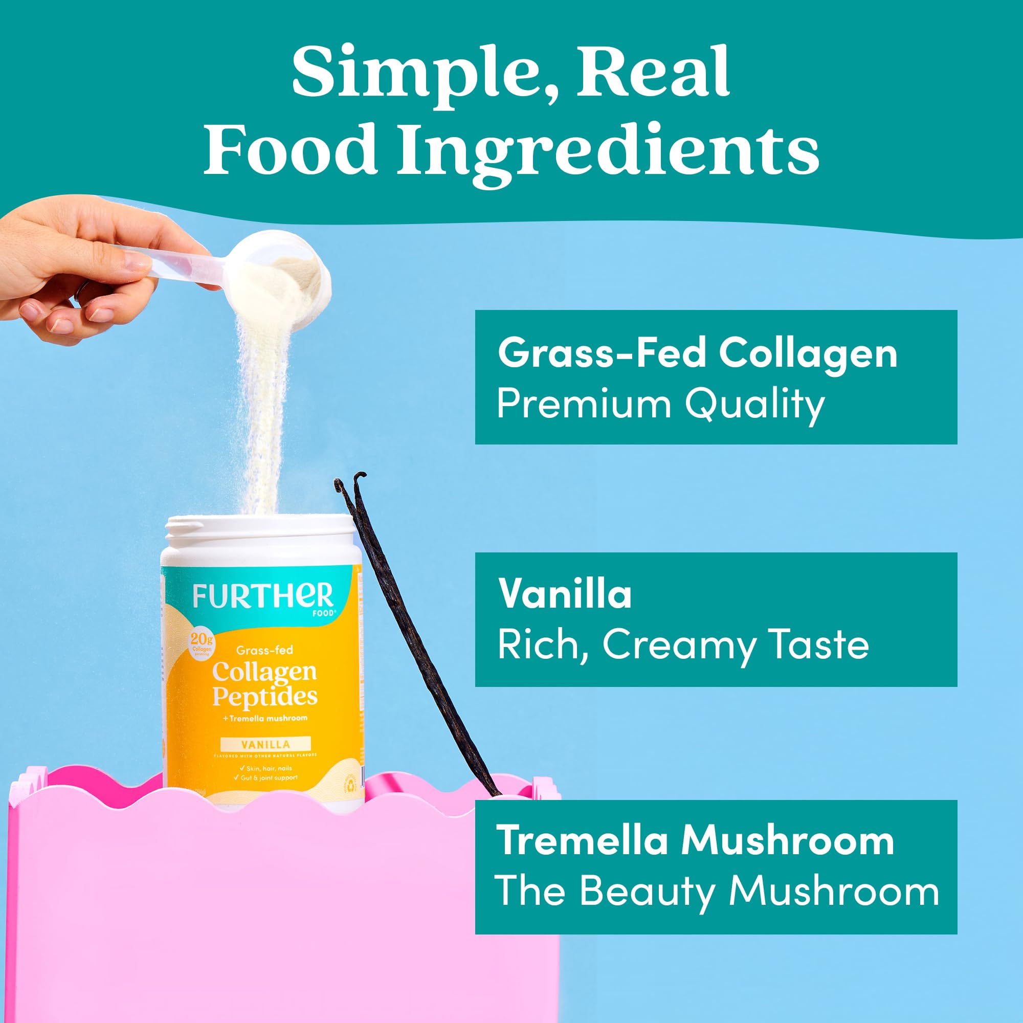 Further Food Vanilla Collagen Peptides Powder with Tremella Mushroom – 100% Grass-Fed, Hydrolyzed Type 1 & 3, 20g of Collagen per Serving, Supports Skin, Hair, Nails & Joints, 22.22 Oz Further FoodAu supplements