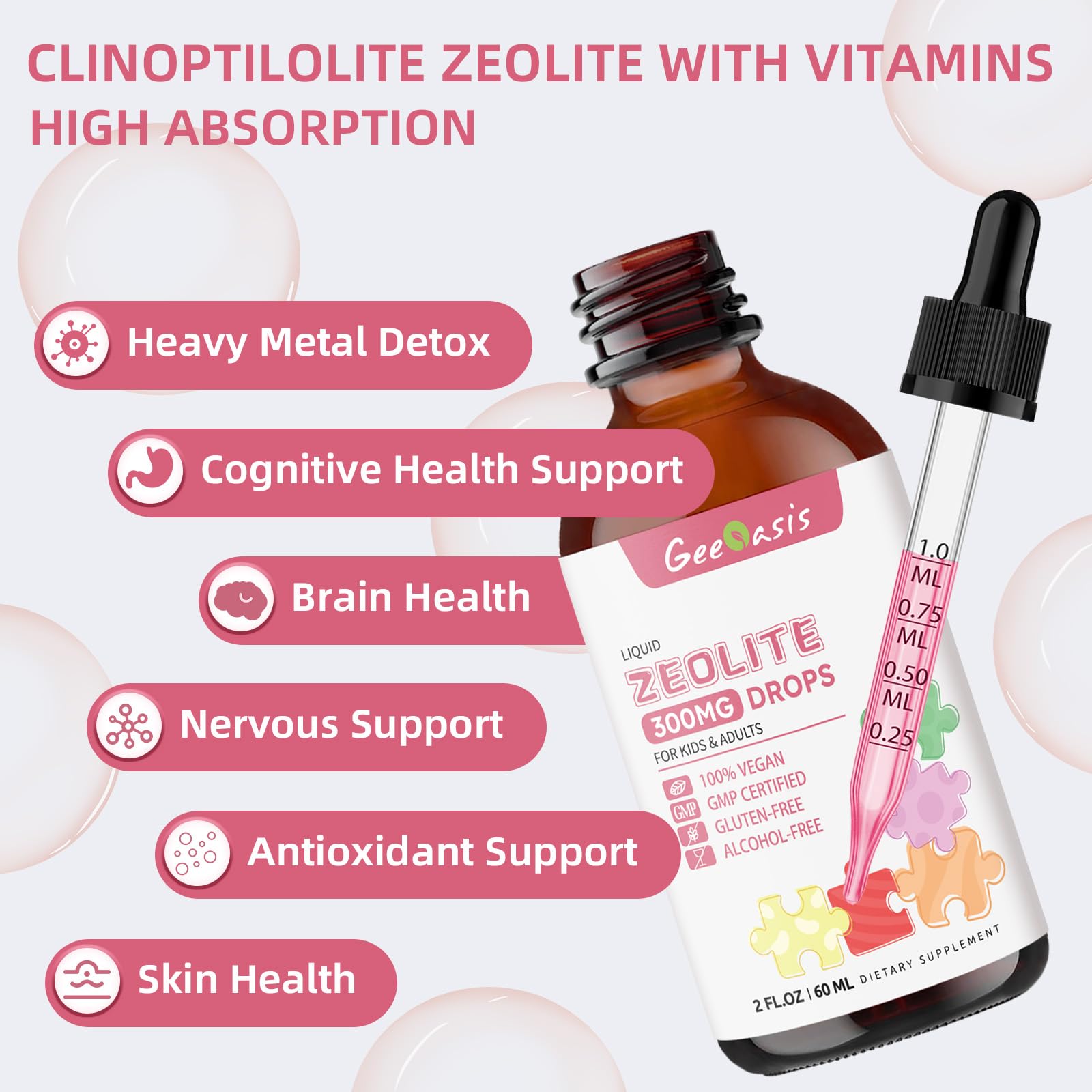 Geeoasis Zeolite Detox for Kids & Adults, 300 mg Zeolite Clinoptilolite Liquid with Vitamin B12 & D3, Vitamin C & Zinc Gluconate, Immune Support & Gut Health, Natural Strawberry Flavor, 2 Fl Oz GeeoasisAu supplements