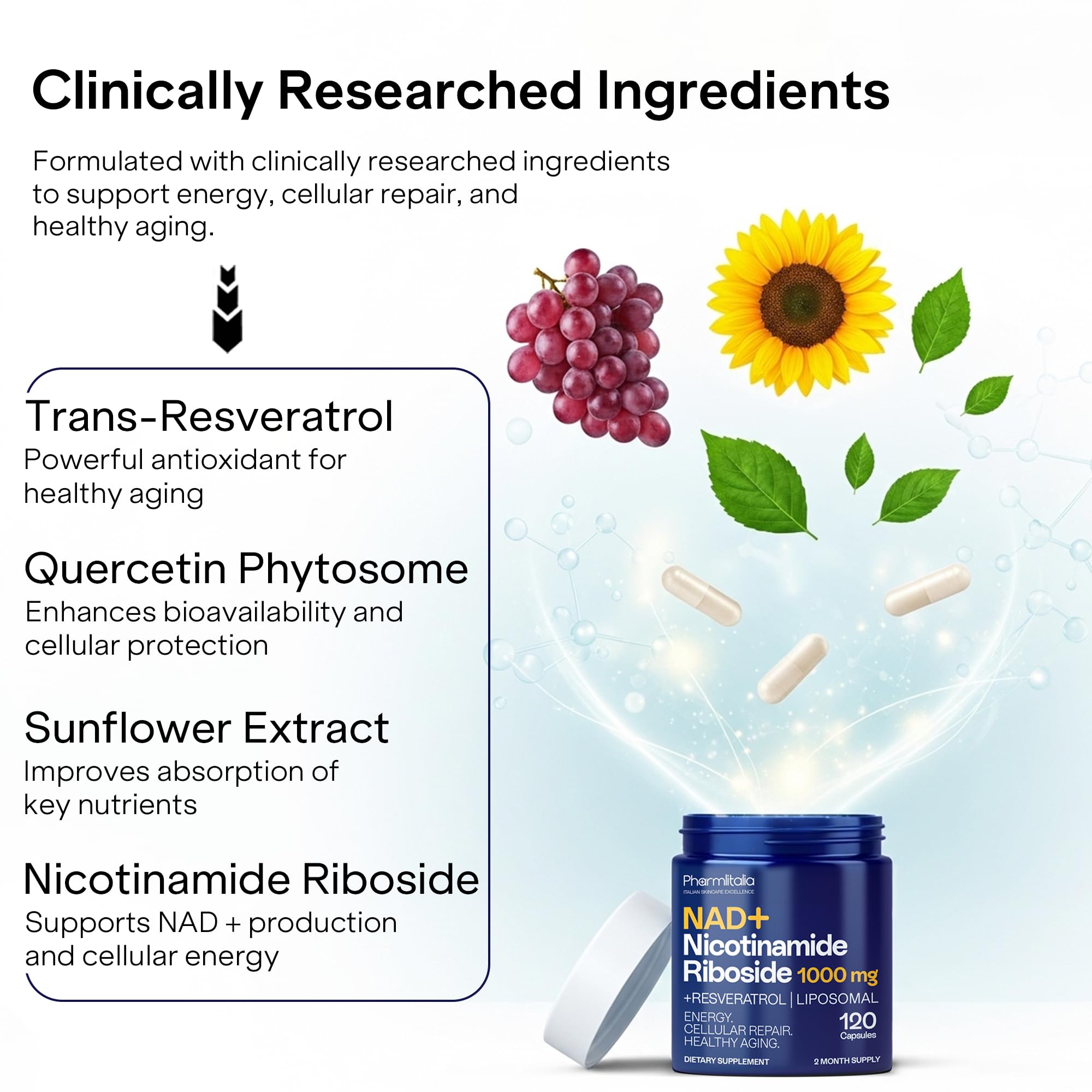 Liposomal NAD+ Supplement with Resveratrol - Nicotinamide Riboside 1000 Mg - NAD Supplements for Women & Men - NMN Supplement Alternative - Advanced NAD Resveratrol for Cellular Energy - 120 Capsules PharmlitaliaAu supplements