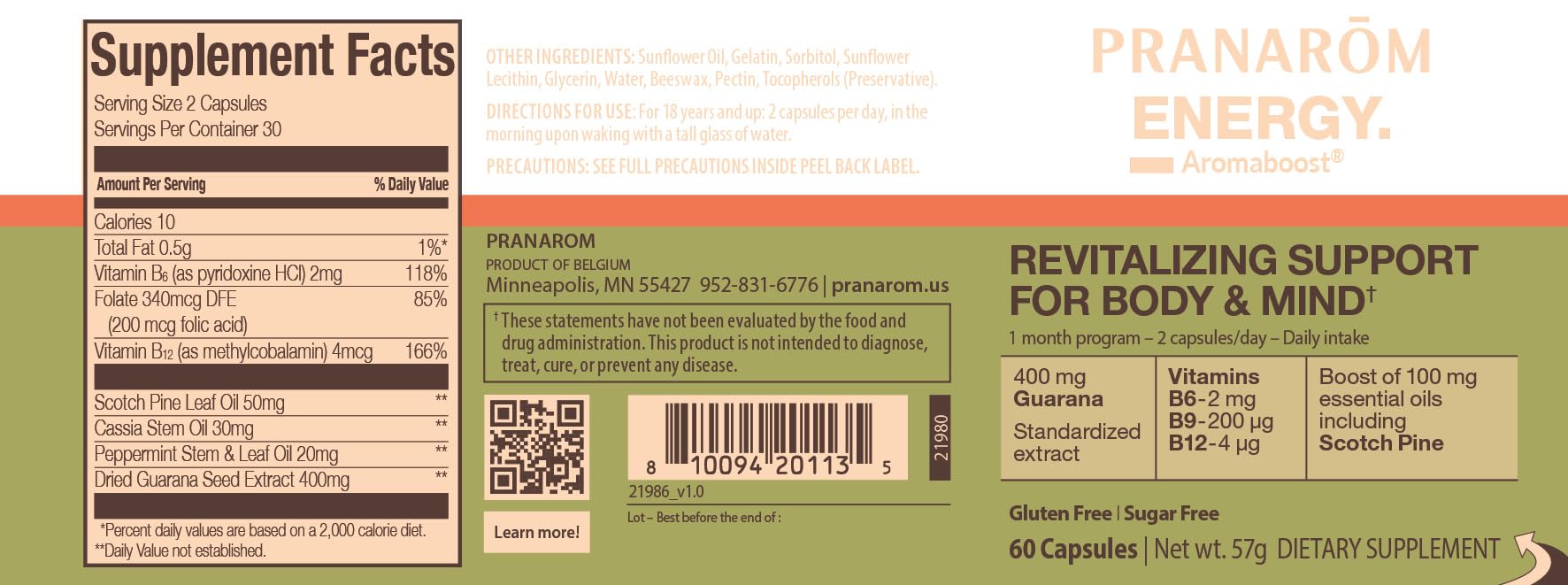 Pranarom - Aromaboost Energy Herbal Supplement - for Physical and Mental Fatigue - Guarana - Vitamins B6 B9 B12 - Pure Scots Pine Essential Oil - 60 Count PranaromAu supplements