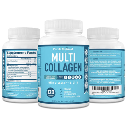Premium Multi Collagen Peptides (Types I, II, II, V, X) - Collagen Pills for Skin Care, Hair Growth, Nails & Joints - Vitamin C, Hyaluronic Acid Purely OptimalUS supplements