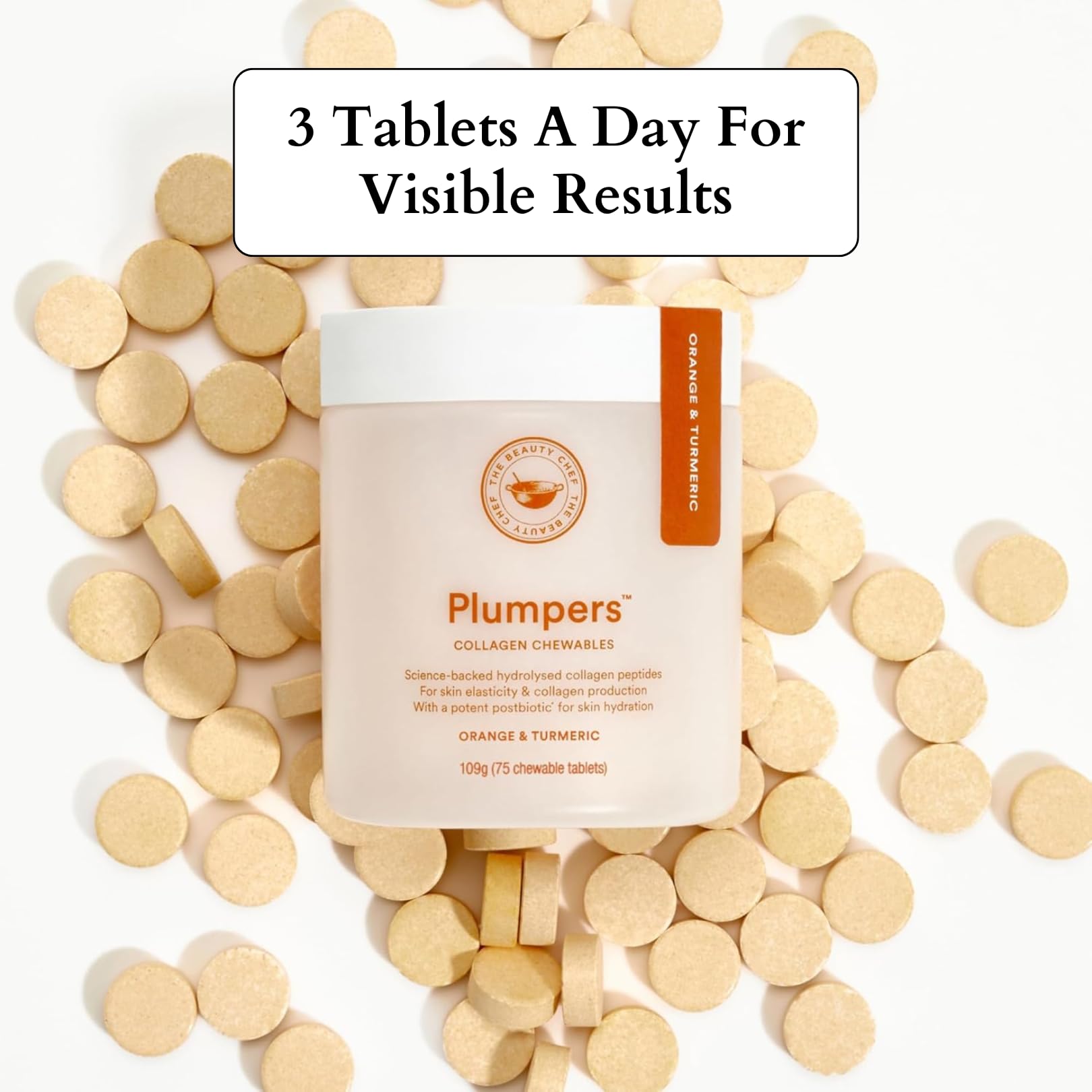The Beauty Chef Plumpers™ Collagen Chewable Tablets with Hyaluronic Acid & Postbiotic, Supports Skin Elasticity & Collagen, Women's Multivitamin, Collagen Peptides, 75 Tablets (Orange & Turmeric) The Beauty ChefAu supplements