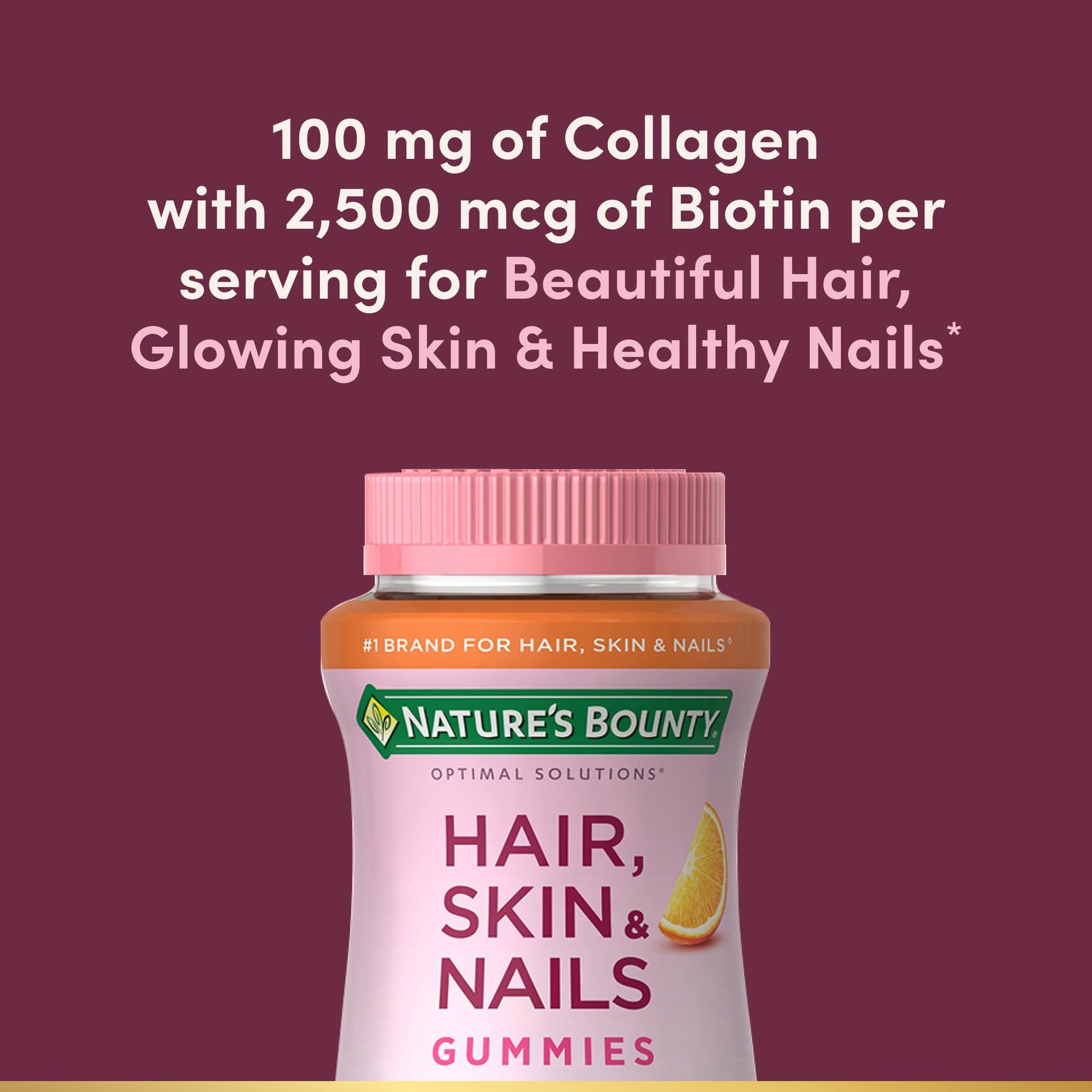 Nature's Bounty Optimal Solutions Hair, Skin & Nails with Biotin and Collagen, Citrus-Flavored Gummies Vitamin Supplement, 2500 mcg, 80 Ct, 40 Total Servings Nature's BountyAu supplements
