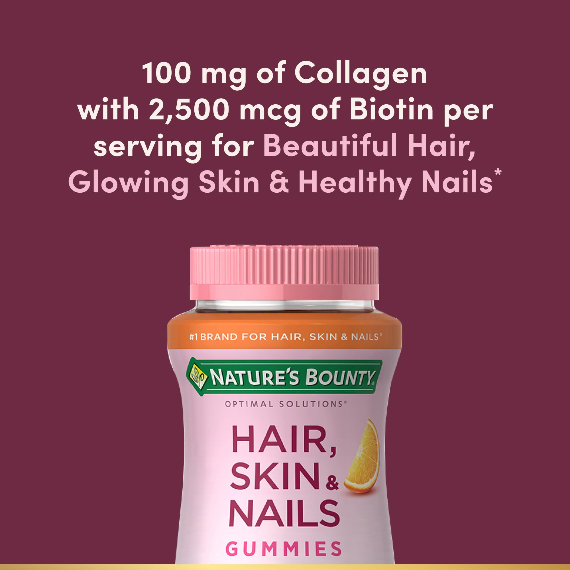 Nature's Bounty Optimal Solutions Hair, Skin & Nails with Biotin and Collagen, Citrus-Flavored Gummies Vitamin Supplement, 2500 mcg, 80 Ct, 40 Total Servings Nature's BountyAu supplements