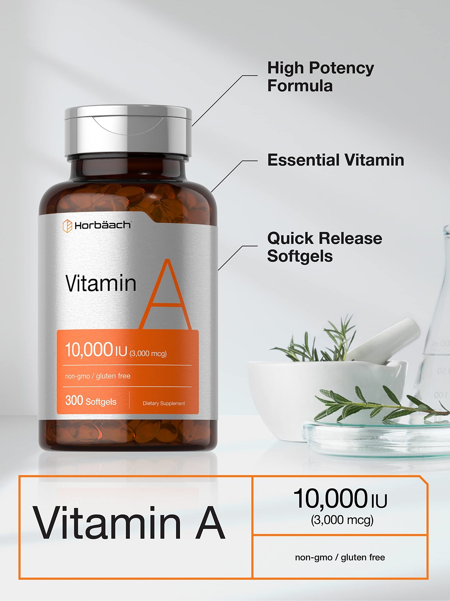 Vitamin A 10000 IU Softgels | 300 Count | Non-GMO, Gluten Free Supplement | by Horbaach HorbäachUS supplements