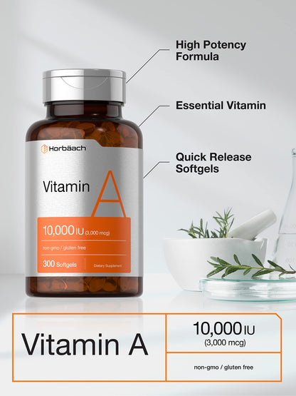 Vitamin A 10000 IU Softgels | 300 Count | Non-GMO, Gluten Free Supplement | by Horbaach HorbäachUS supplements