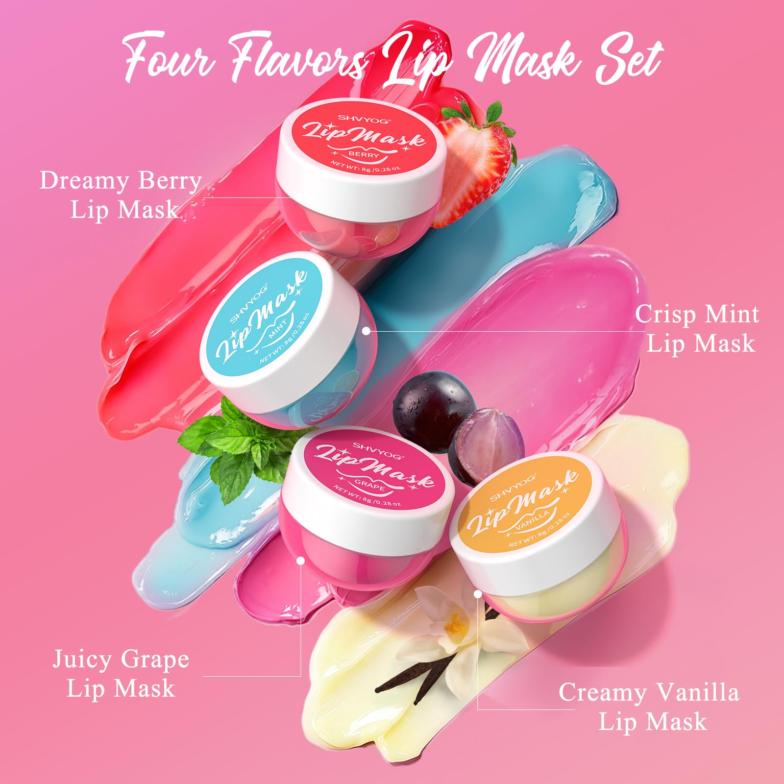 4 Pack Lip Mask Set, Hydrating Lip Mask Overnight - Berry, Grape, Mint, Vanilla Flavors, Lip Sleeping Mask Nourish Lip Balm with Vitamin C & Shea Butter | Dry Lips Care Gift SHVYOGAu supplements