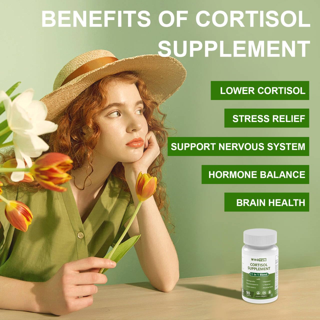 Whoyun Cortisol Supplement for Women, 11 in 1 Lower Cortisol Blend with Ashwagandha, Phosphatidylserine, Magnesium, L-Theanine, Vegan, 90 Capsules WhoyunAu supplements