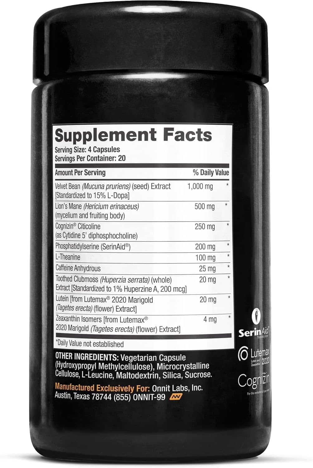 ONNIT Alpha Brain Black Label Capsules, IGEN Non-GMO Tested Citicoline Brain Supplement for Concentration and Memory, Lion’s Mane, Lutemax Lutein, L Theanine and Mucuna Pruriens, 80 Count ONNITAu supplements
