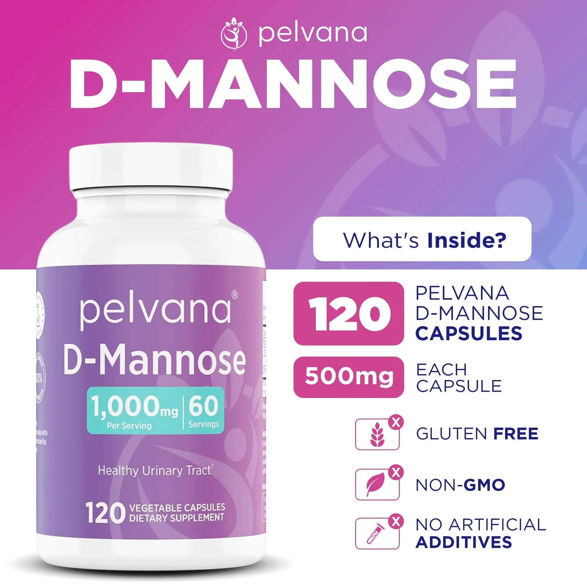 Pelvana D-Mannose 120 Capsules (500mg Each) – 1000mg per Serving – Assists & Maintains Healthy Urinary Tract, Flushes Impurities, Pure Ingredients, Gluten-Free – Third-Party Lab Tested, Made in USA PelvanaAu supplements