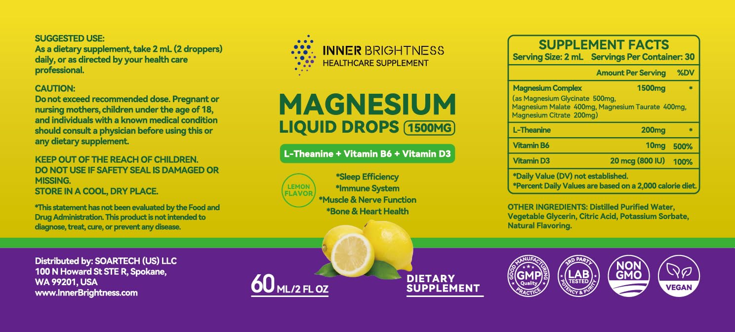 Magnesium Glycinate Liquid Drops 1500mg with Magnesium Citrate & Taurate, L-Theanine, Vitamin D3, B6 - Supports Calm, Sleep, Muscle Relaxation, Leg Cramps & Energy, Lemon Flavor, 60 mL Inner BrightnessAu supplements