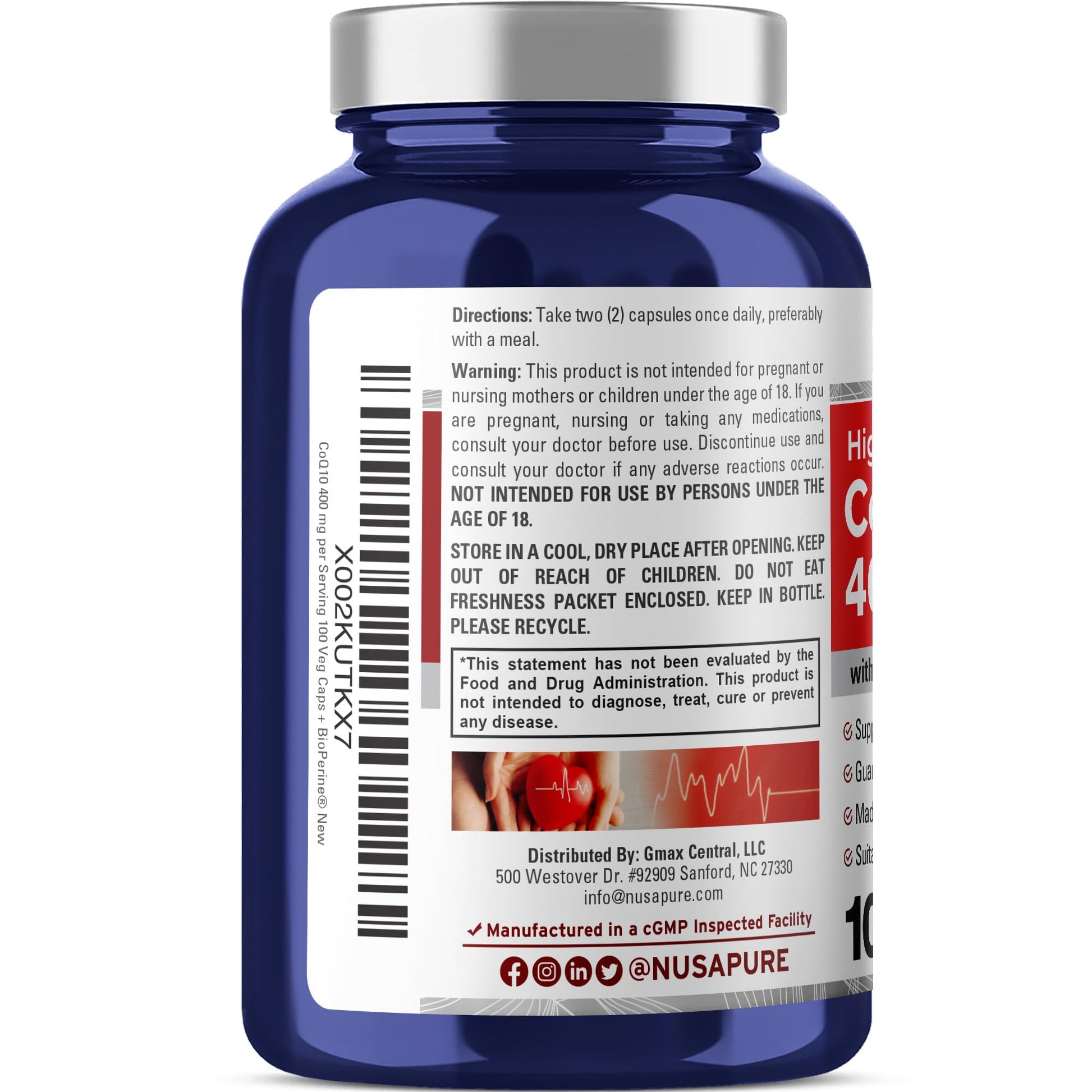NusaPure CoQ10 400mg 100 Veggie Caps (Vegan, Non-GMO) Coenzyme Q10 Supplement, Antioxidant COQ-10 Enzyme, Coq 10 NusaPureAu supplements
