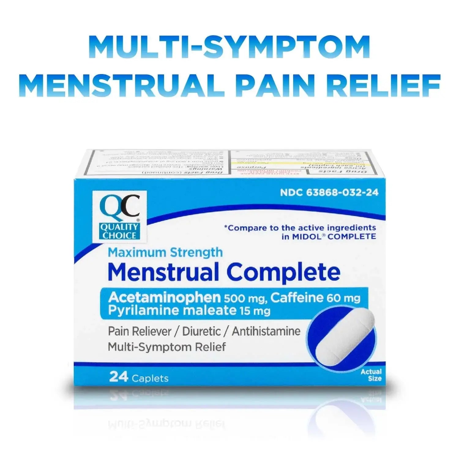 Quality Choice Menstrual Complete Max Strength Period Pain Relief, 500 mg of Acetaminophen, 60mg of Caffeine, 15mg of Pyrilamine Maleate, Cramps, Bloating, Headache. 24 Count. Quality ChoiceAu supplements