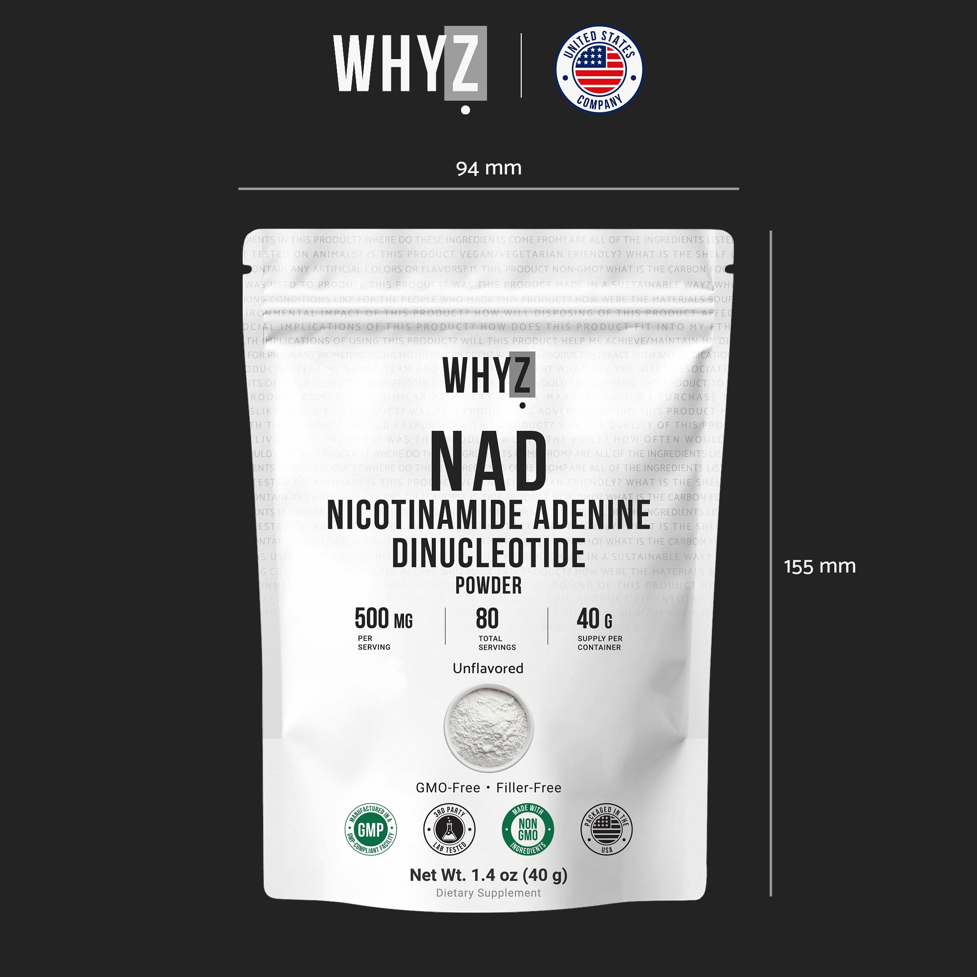 Pure NAD Powder Nicotinamide Adenine Dinucleotide Supplement Unflavored and Gluten-Free Premium Pure NAD Powder for Daily Wellness and Nutrition Support, 40g WHYZAu supplements
