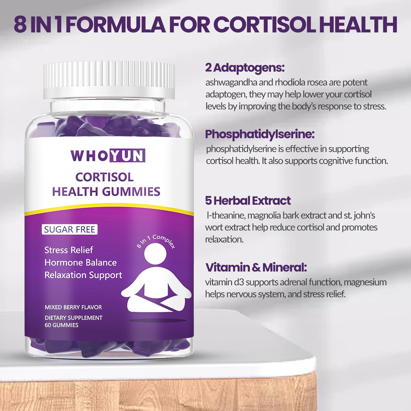 Whoyun Cortisol Supplement Gummies for Women, Lower Cortisol with Phosphatidylserine Ashwagandha Magnesium, Stress Relief, Vegan Sugar Free, 60 Count WhoyunAu supplements