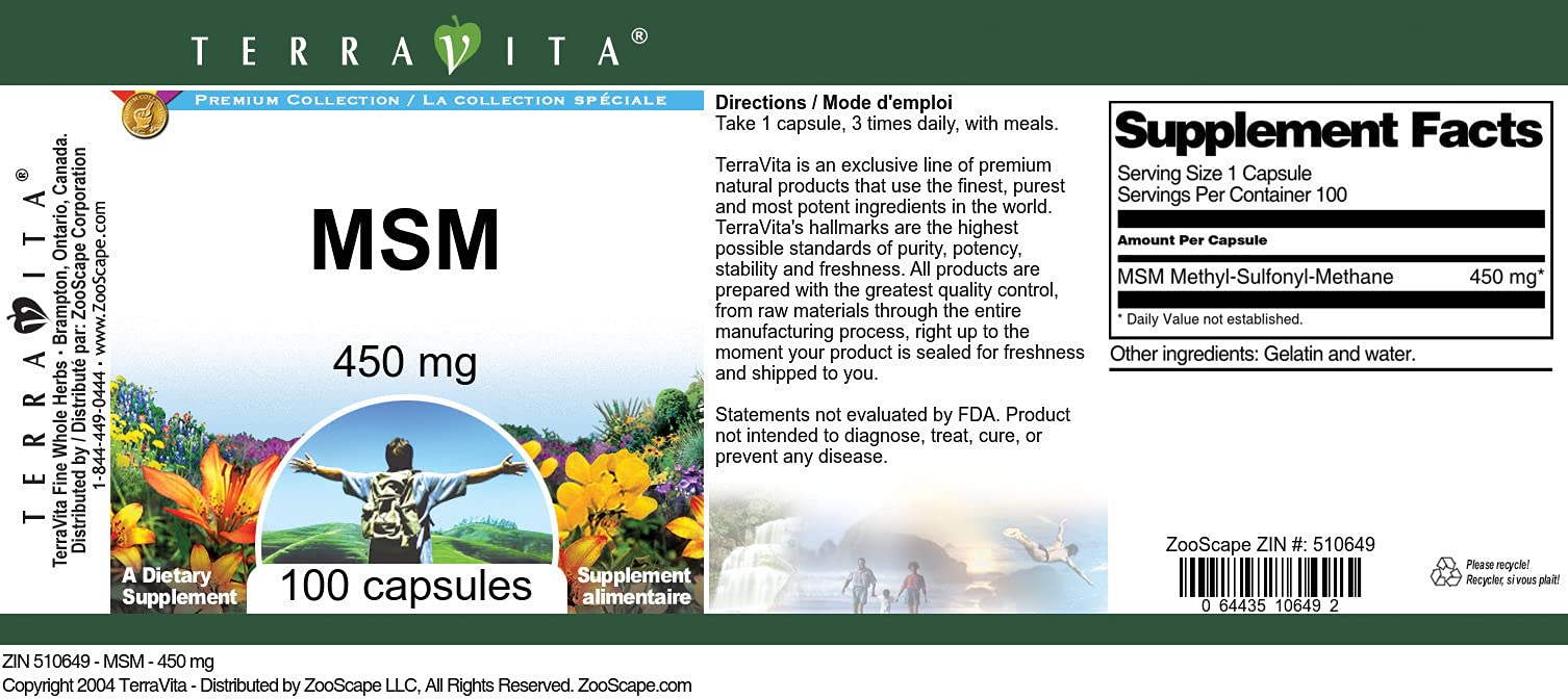 MSM - 450 mg (100 Capsules, ZIN: 510649) - 3 Pack TerravitaAu supplements