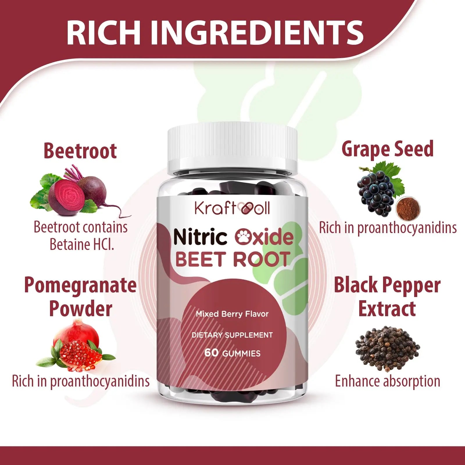 Kraftvoll Nitric Oxide Beet Root Gummies – Sugar-Free Beet Chewables, Mixed Berry Flavor with Grapeseed Powder, Pomegranate, Vitamin C & B12 – Nitric Oxide Supplements for Men – 60 Gummies (2 Bottles) Kraftvollnz supplements