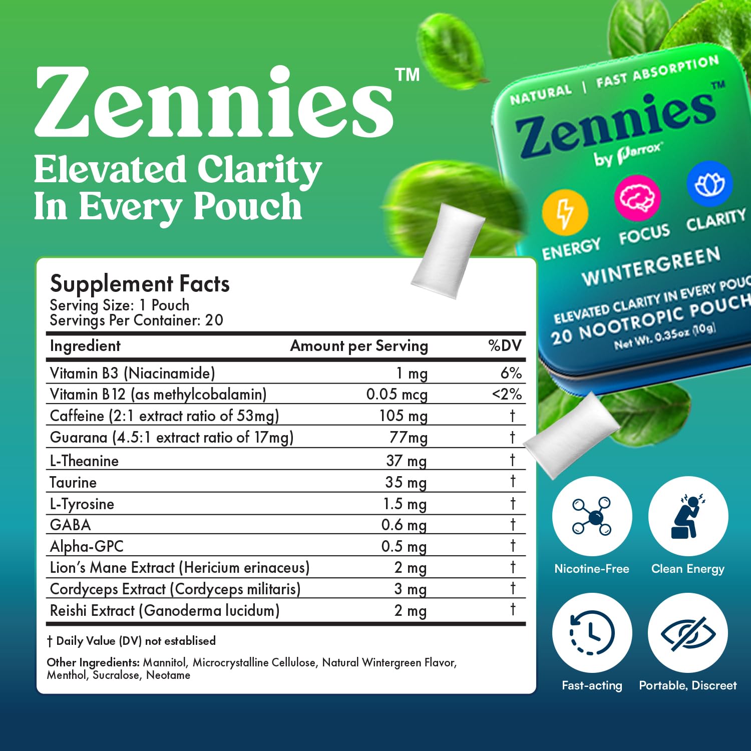 Zennies Caffeine Nootropic Pouches with Alpha GPC, L-Tyrosine & L-Theanine, Lion's Mane, Cordyceps, Reishi - Nicotine Free, No Sugar or Artificial Sweeteners Nootropic Energy Pouches, Wintergreen 1 PK ParroxAu supplements