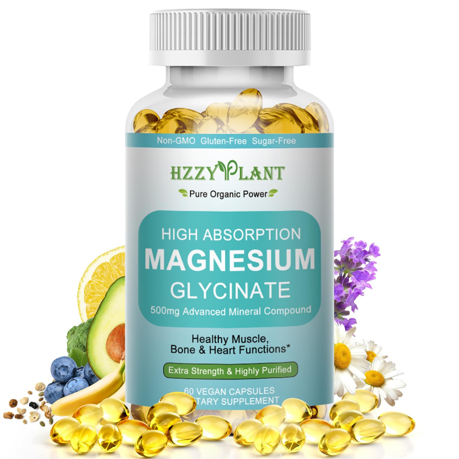 Magnesium Glycinate 500mg Softgels, High Absorption Magnesium Supplement Softgel Capsules for Muscle, Heart, Sleep & Bone Support, Stress Relief, Nerve Health & Metabolism, Non-GMO, 2 Month Supply HZZYPLANTAu supplements