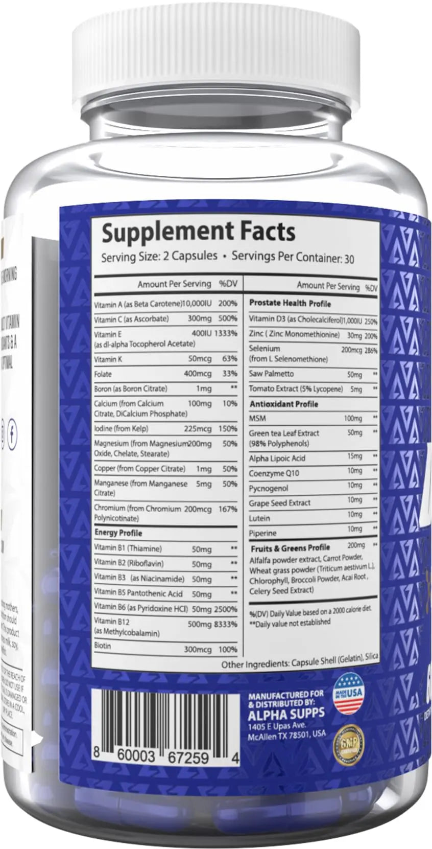 Alpha Supps Vites Men's Multivitamin, Complete Daily Supplement with Fruits, Veggies, Energy, Immune & Prostate Support Alpha SuppsAu supplements