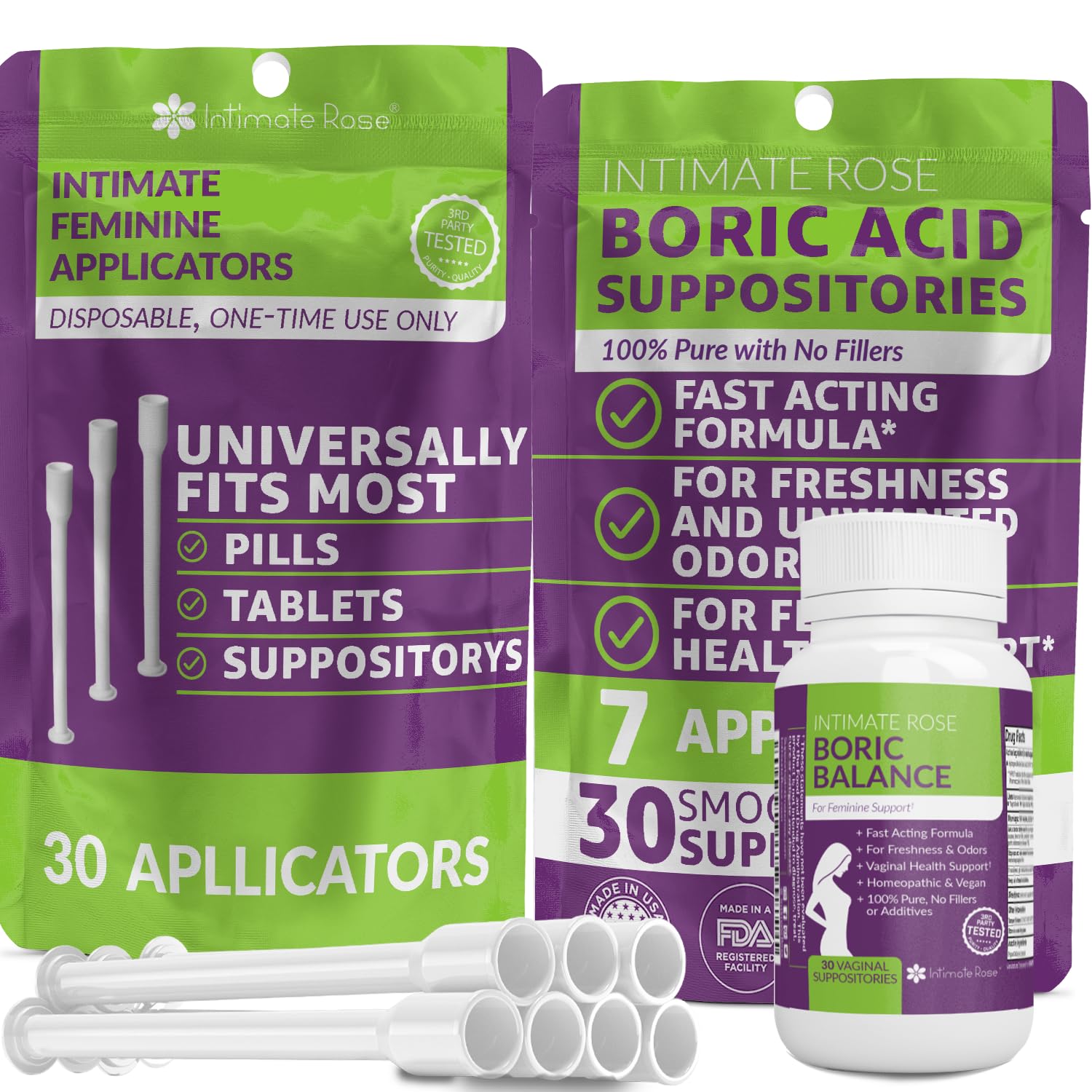 Intimate Rose Boric Acid Vaginal Suppositories - 30 Count (600mg) + 37 Applicators - Feminine Balance Intimate RoseAu supplements