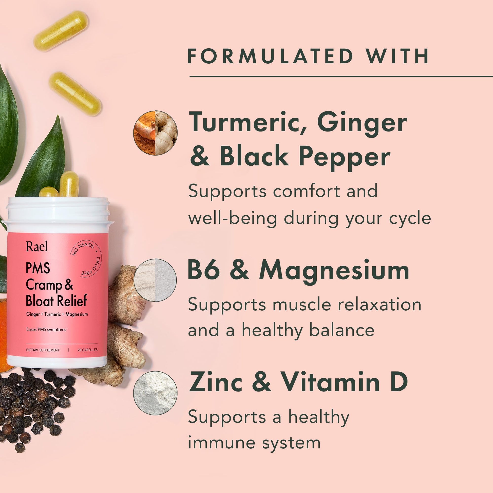 Rael PMS Supplement, Hormone Balance for Women, Relief from Menstrual Cramps with Turmeric, Ginger, Magnesium (28 Capsules) RaelAu supplements