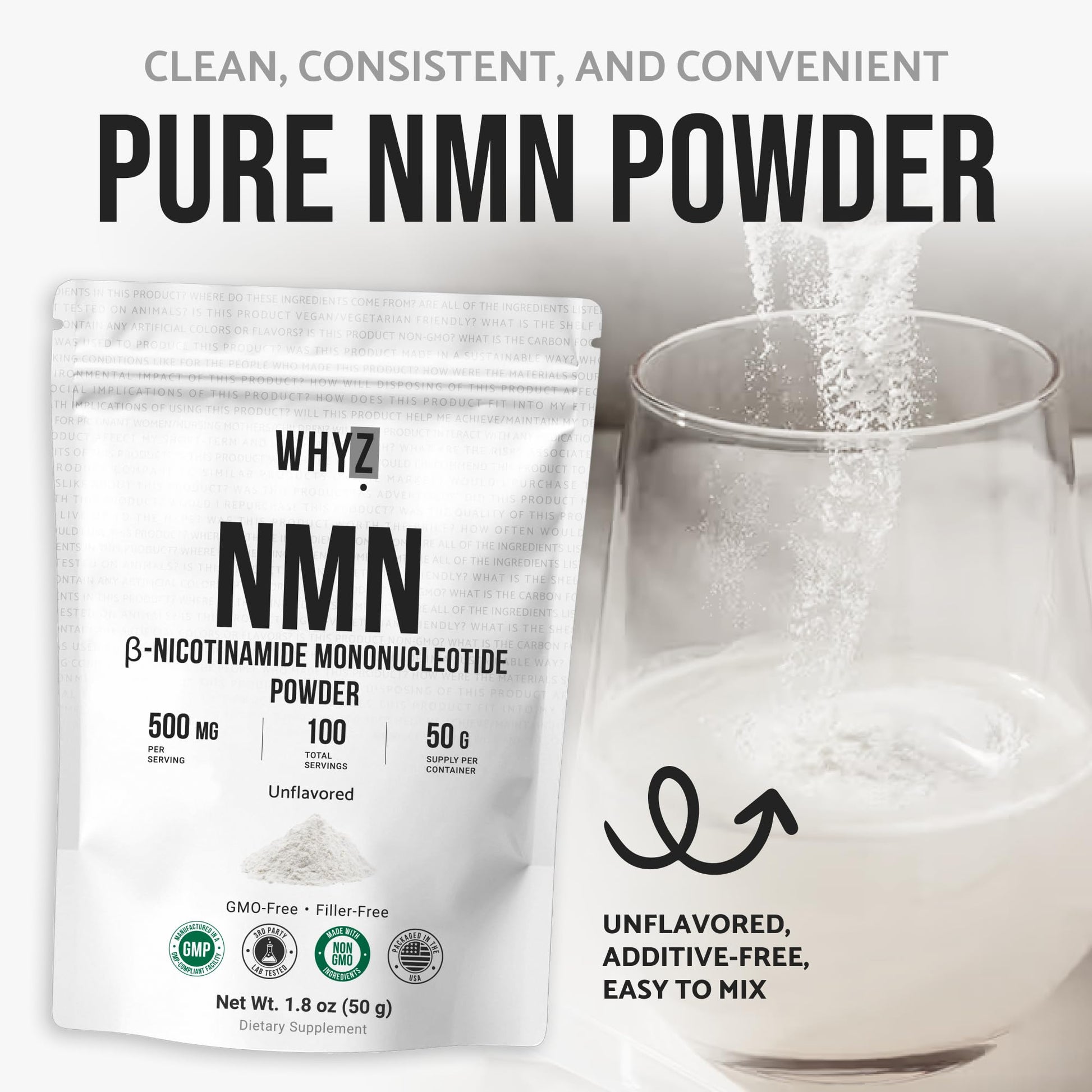 Pure NMN Powder Nicotinamide Mononucleotide Quick Dissolved NMN Supplement Powder 100% Unflavored NMN Supplement Supports NAD+ Levels Vegan Friendly Non-GMO, 50g WHYZAu supplements