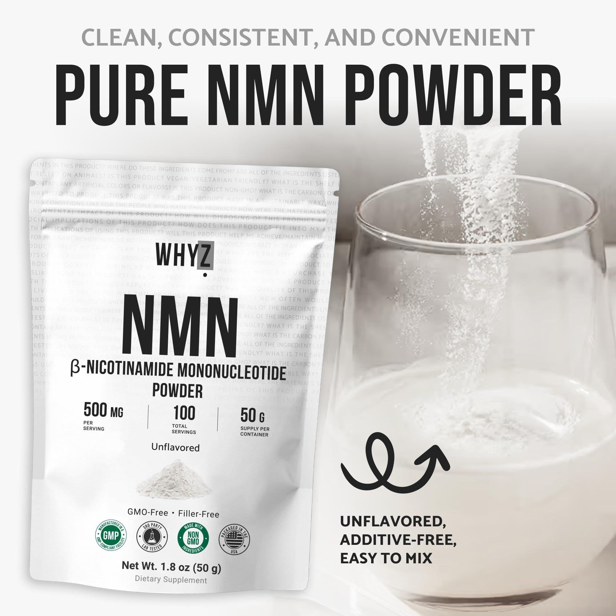 Pure NMN Powder Nicotinamide Mononucleotide Quick Dissolved NMN Supplement Powder 100% Unflavored NMN Supplement Supports NAD+ Levels Vegan Friendly Non-GMO, 50g WHYZAu supplements