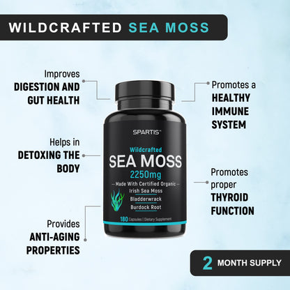Certified Organic Sea Moss Capsules 2250mg Wildcrafted Irish Sea Moss Burdock Root SPARTISUS supplements