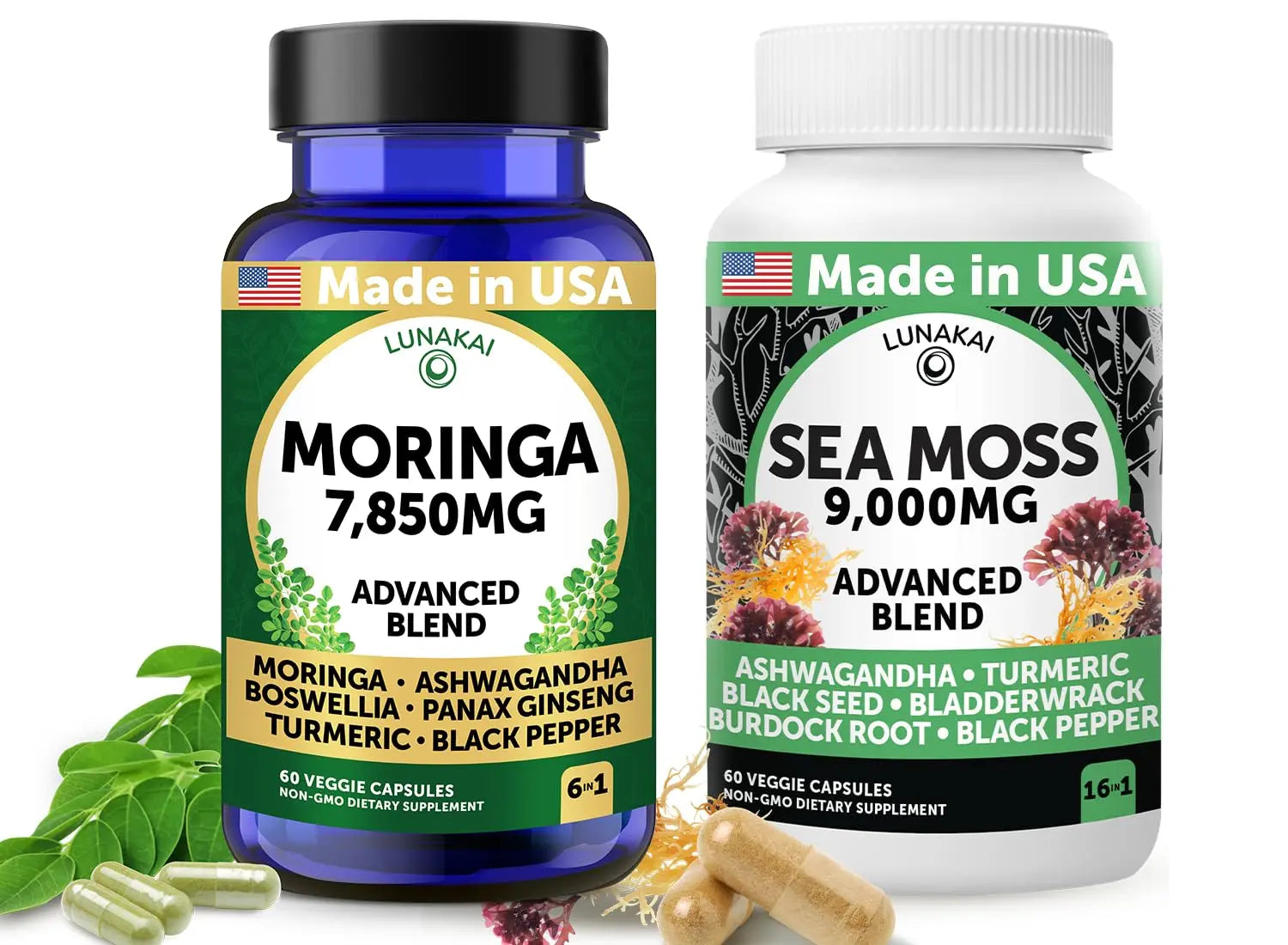 Lunakai USA Made Moringa & Sea Moss Capsules Bundle – 6-in-1 & 16-in-1 Advanced Blends – 60 Non-GMO Veggie Capsules Each LunakaiAu supplements