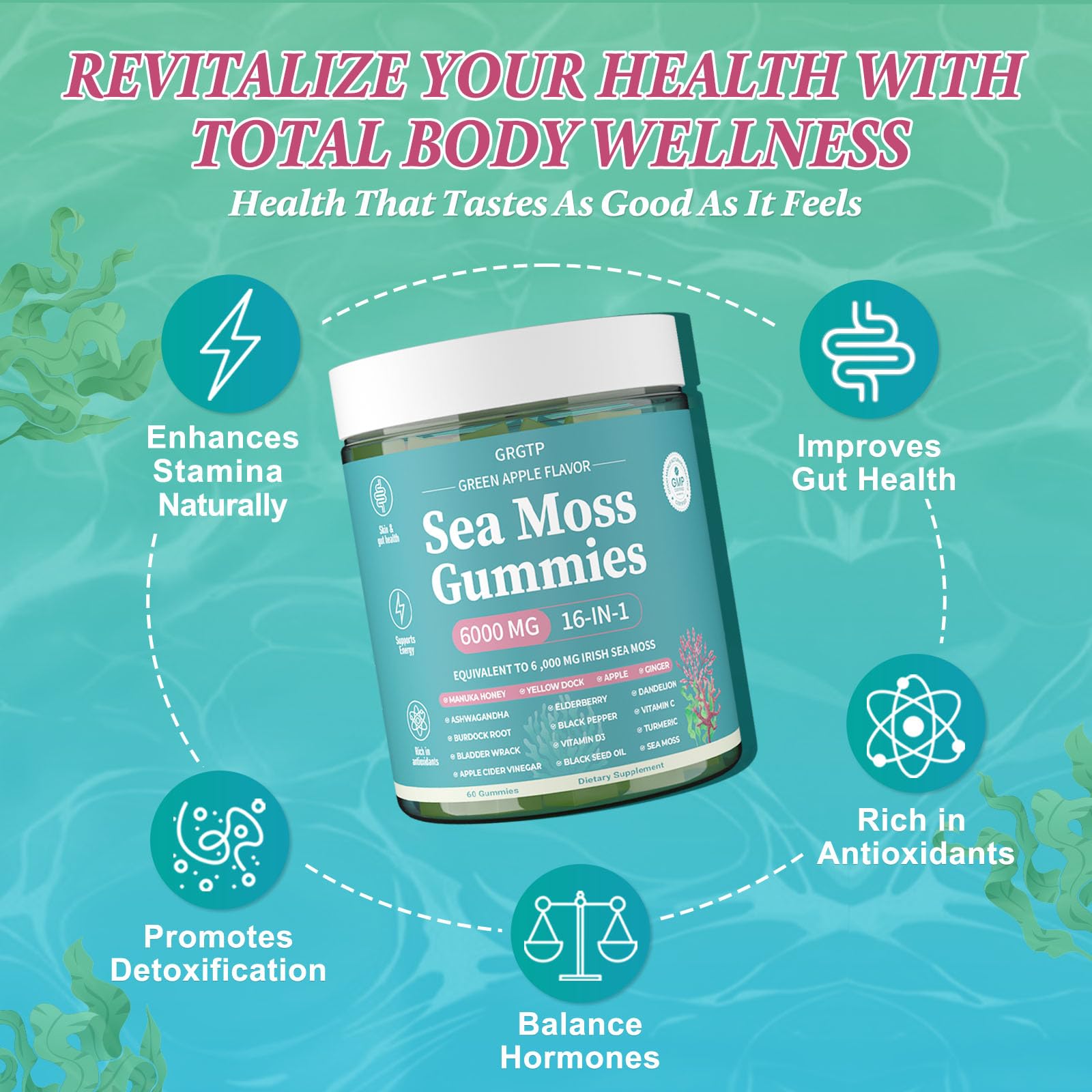 Sea Moss Gummies 16-in-1 - Ashwagandha Black Seed Oil Bladder Wrack Turmeric Vitamin C & D3 with Manuka Burdock Root Dandelion Yellow Dock Natural Detox & Liver Health Immune Support, Energy Boost GRGTPAu supplements