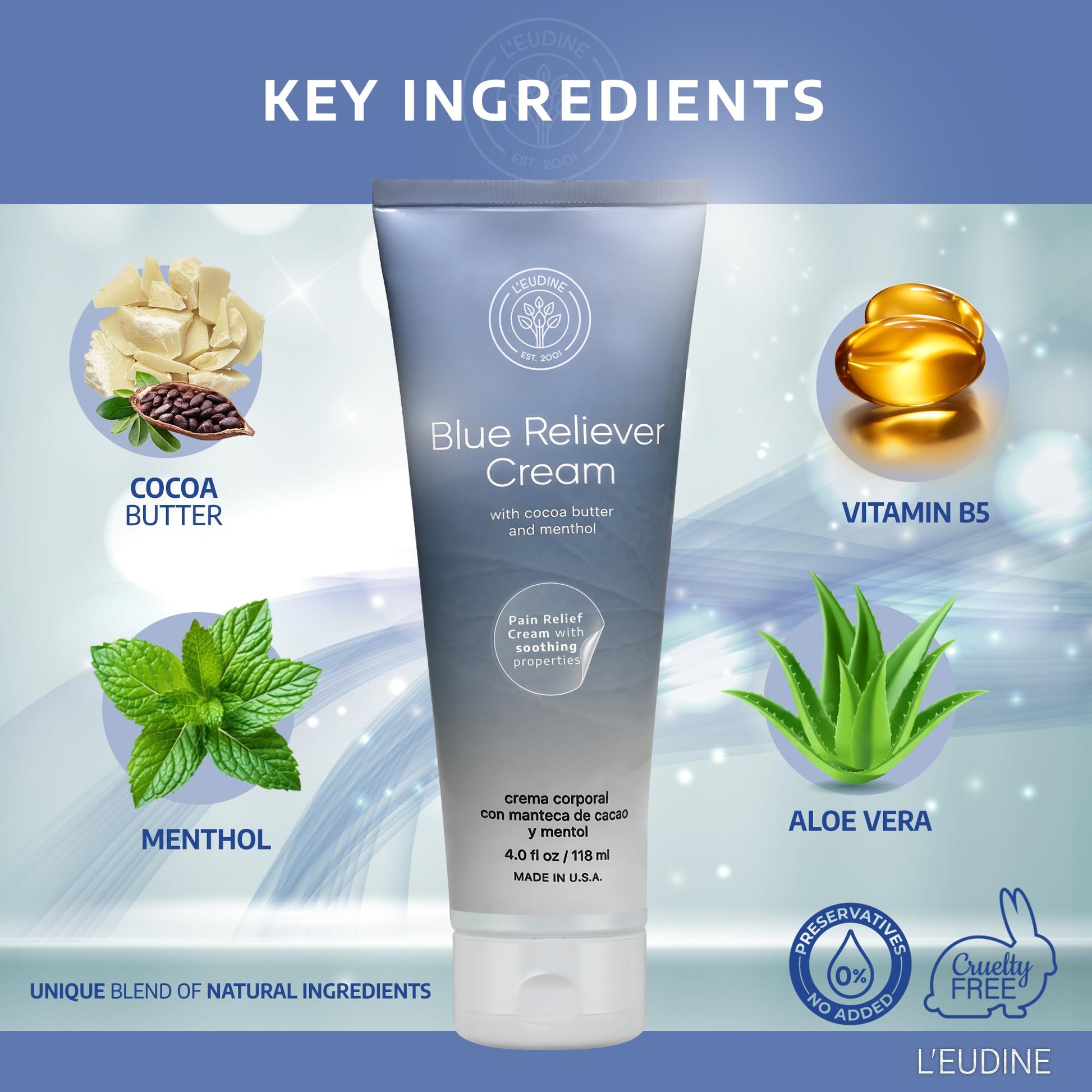 L'EUDINE Blue Reliever Cream – Joint and Muscle Therapy, Body Cream with Cocoa Butter and Menthol L'eudineAu supplements