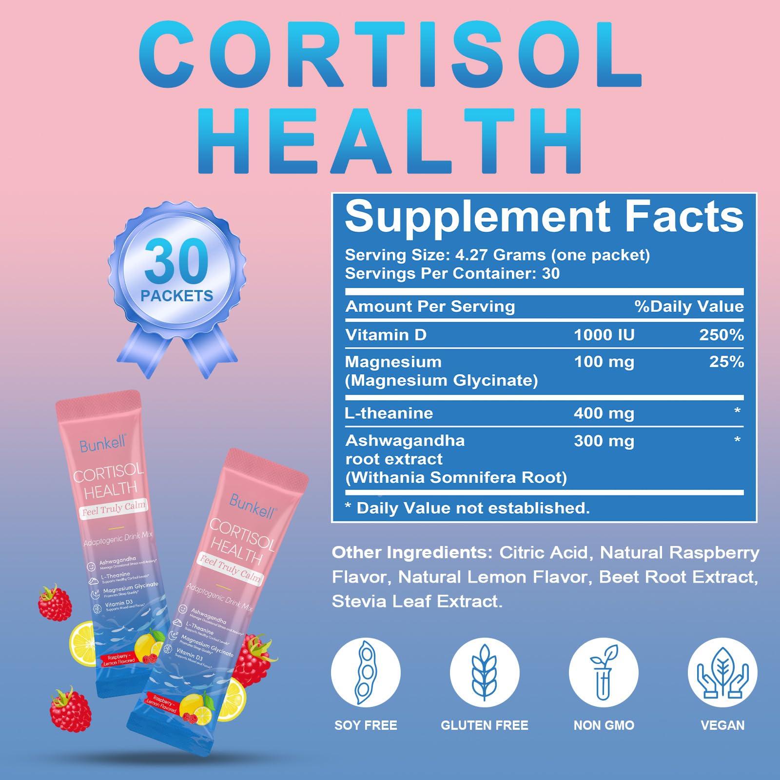 Bunkell Cortisol Powdered Drink Mix, Made with Magnesium Glycinate, L-Theanine, Ashwagandha & Vitamin D3, Cortisol Supplements for Relaxation, Focus & Calm Support, Raspberry Lemonade Flavor, 30 Ct BunkellAu supplements