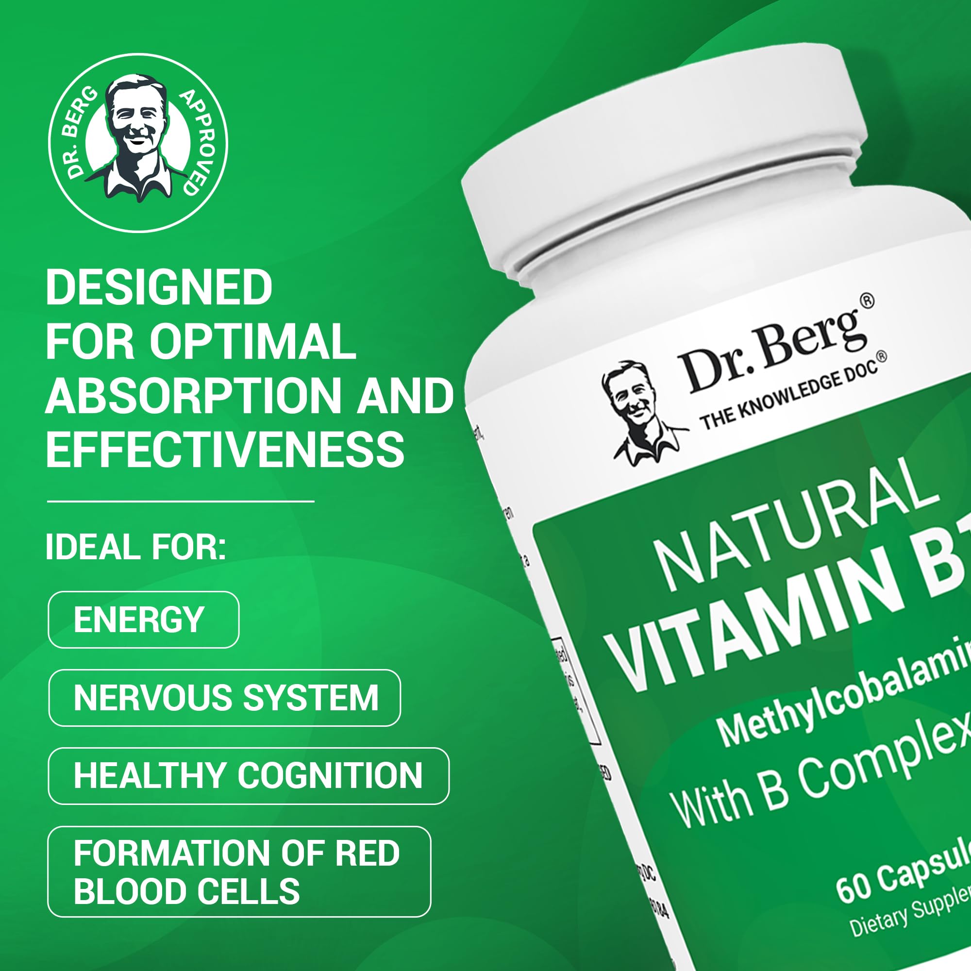 Dr. Berg Natural Vitamin B12 1000 mcg with B Complex Blend - Methylcobalamin B12 for Energy, Nerve Health, and Cognitive Function* - Methylated B12 with Folate - 60 Capsules (2-Month Supply) Dr. Berg NutritionalsAu supplements