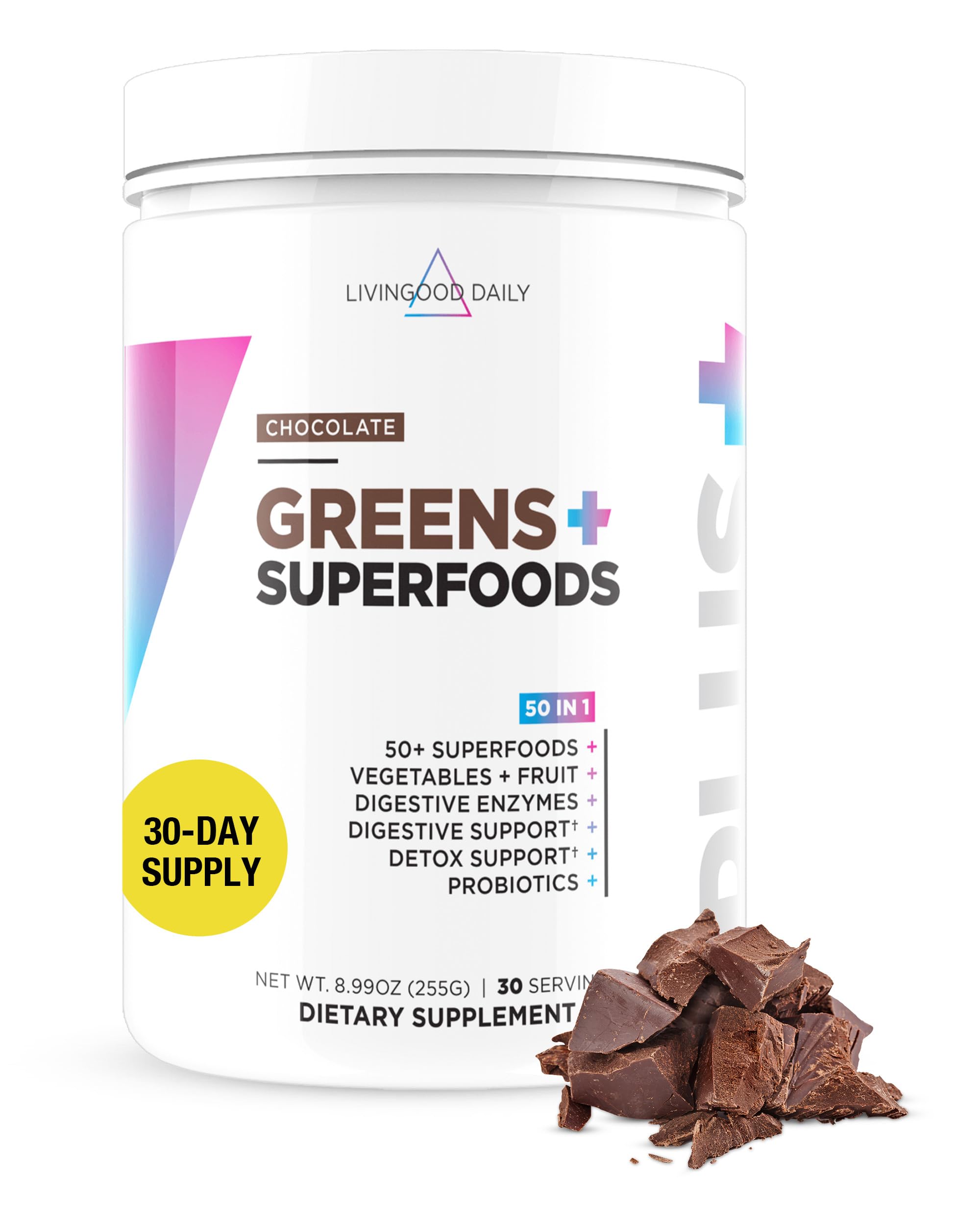 Livingood Daily Greens & Superfood Powder, Super Greens for Gut Health, Green Juice Powder with Spirulina, Chlorella, and Digestive Enzymes, Probiotics for Digestive Support, Chocolate, 30 Servings Livingood DailyAu supplements
