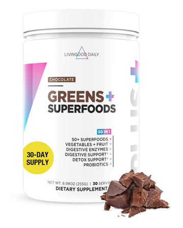 Livingood Daily Greens & Superfood Powder, Super Greens for Gut Health, Green Juice Powder with Spirulina, Chlorella, and Digestive Enzymes, Probiotics for Digestive Support, Chocolate, 30 Servings Livingood DailyAu supplements