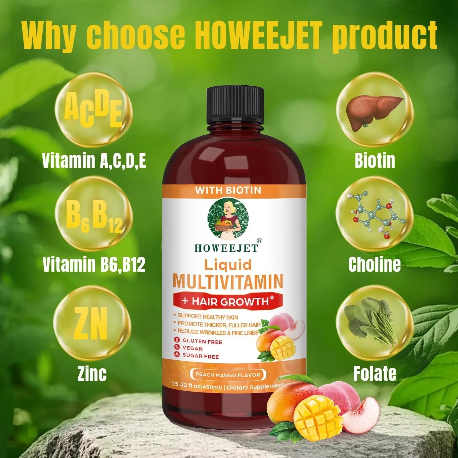 Liquid Multivitamin for Hair Growth | Biotin 10000mcg | Hair & Skin Support Supplement | Clinically Tested for Thicker Hair & Skin Elasticity HOWEEJETAu supplements