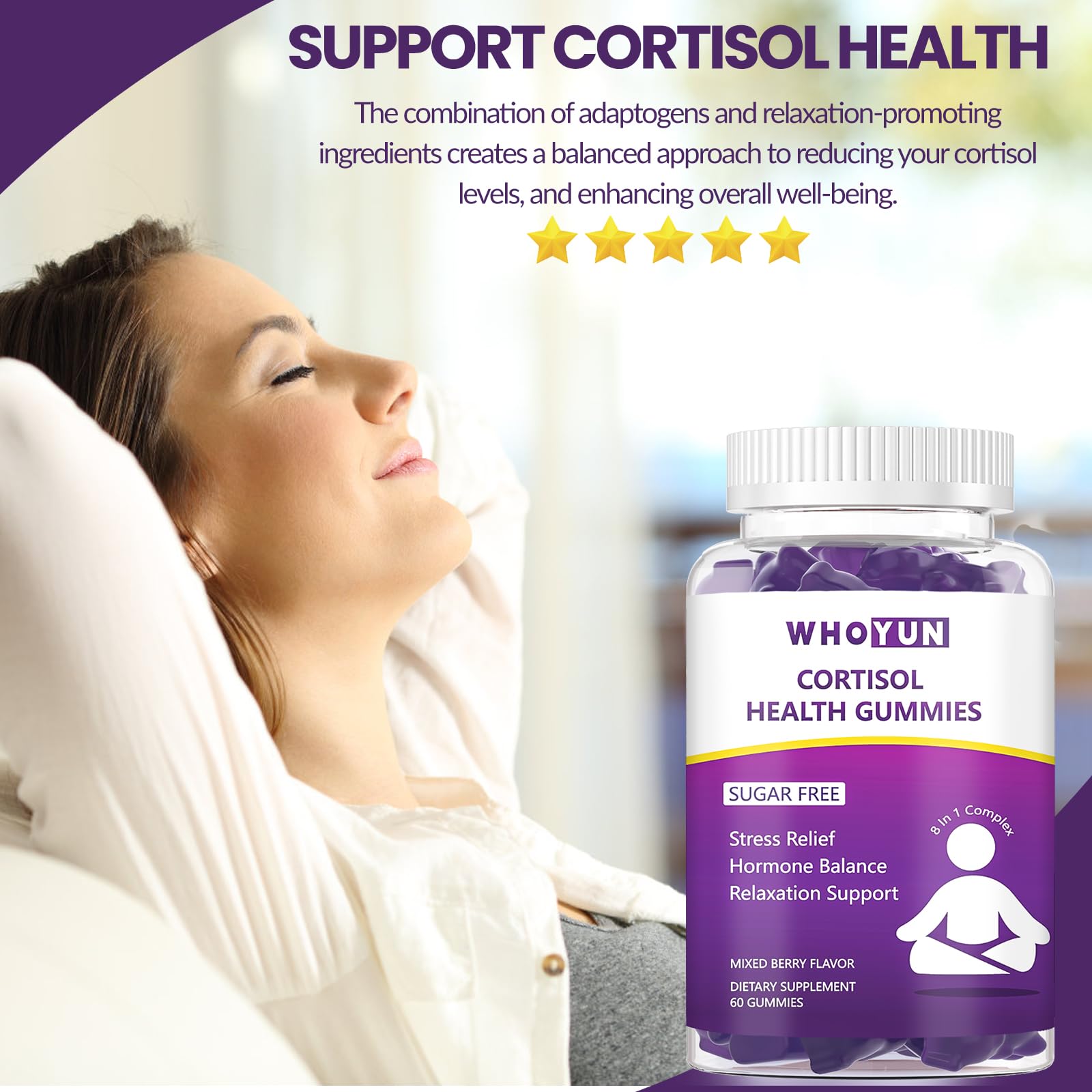 Whoyun Cortisol Supplement Gummies for Women, Lower Cortisol with Phosphatidylserine Ashwagandha Magnesium, Stress Relief, Vegan Sugar Free, 60 Count WhoyunAu supplements