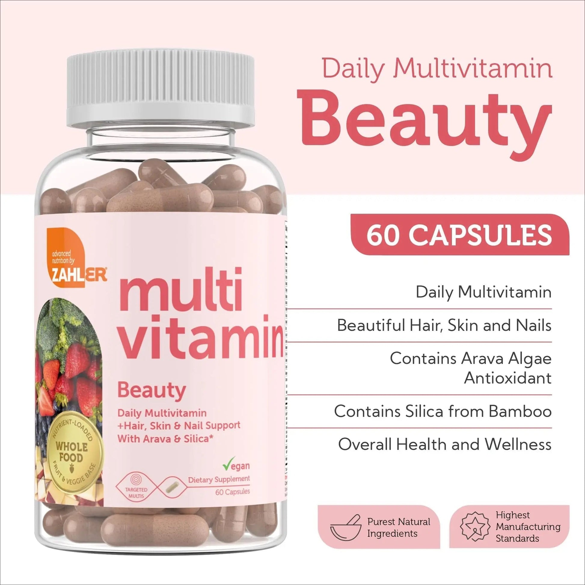 Zahler Multivitamin Beauty + Skin Hair and Nails Support, Multivitamin for Women and Men with Iron, Certified Kosher, 60 Capsules ZahlerAu supplements