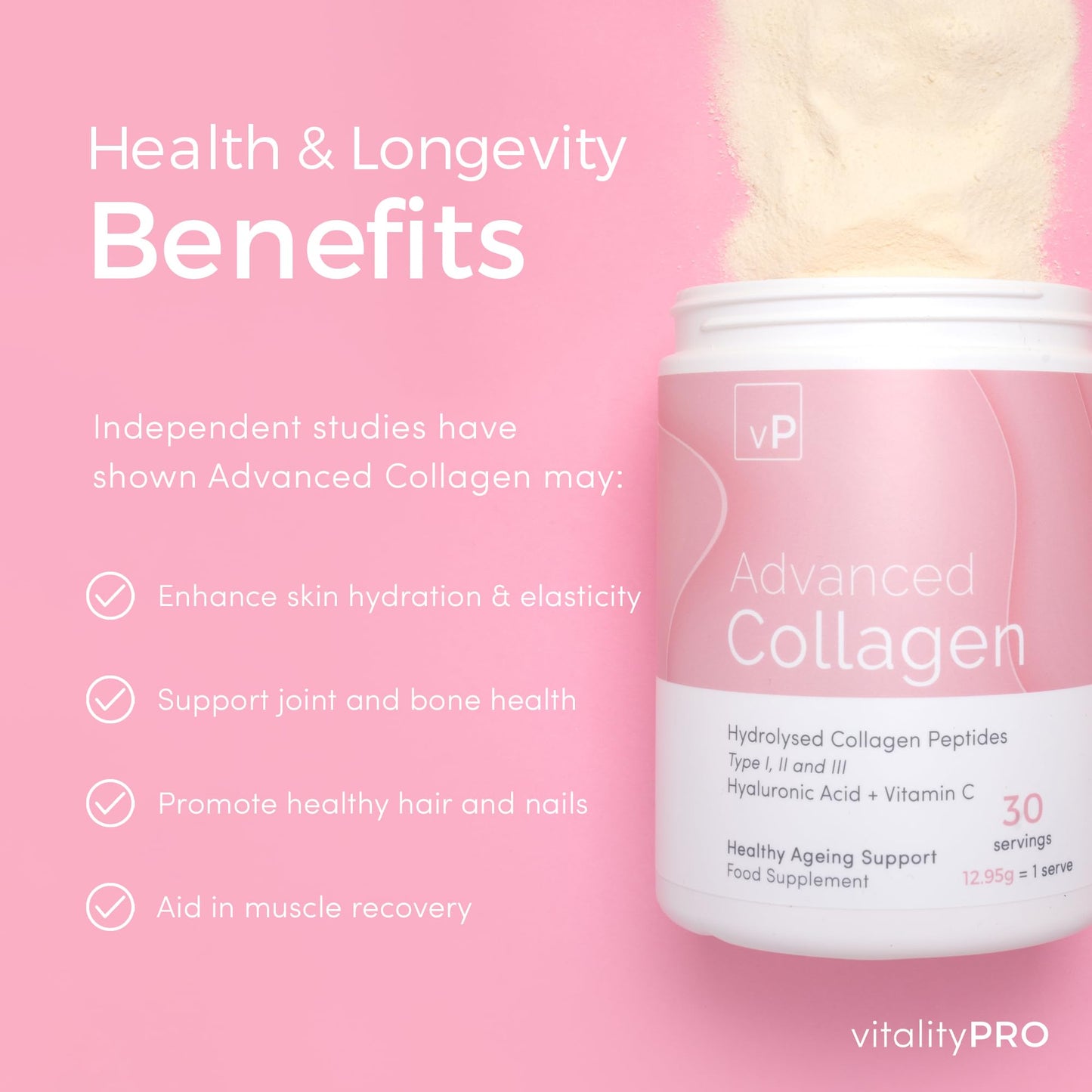 Advanced Collagen with Hyaluronic Acid - 12.95g x 30 Servings - Type 1 2 3 vP Vitality ProUS supplements
