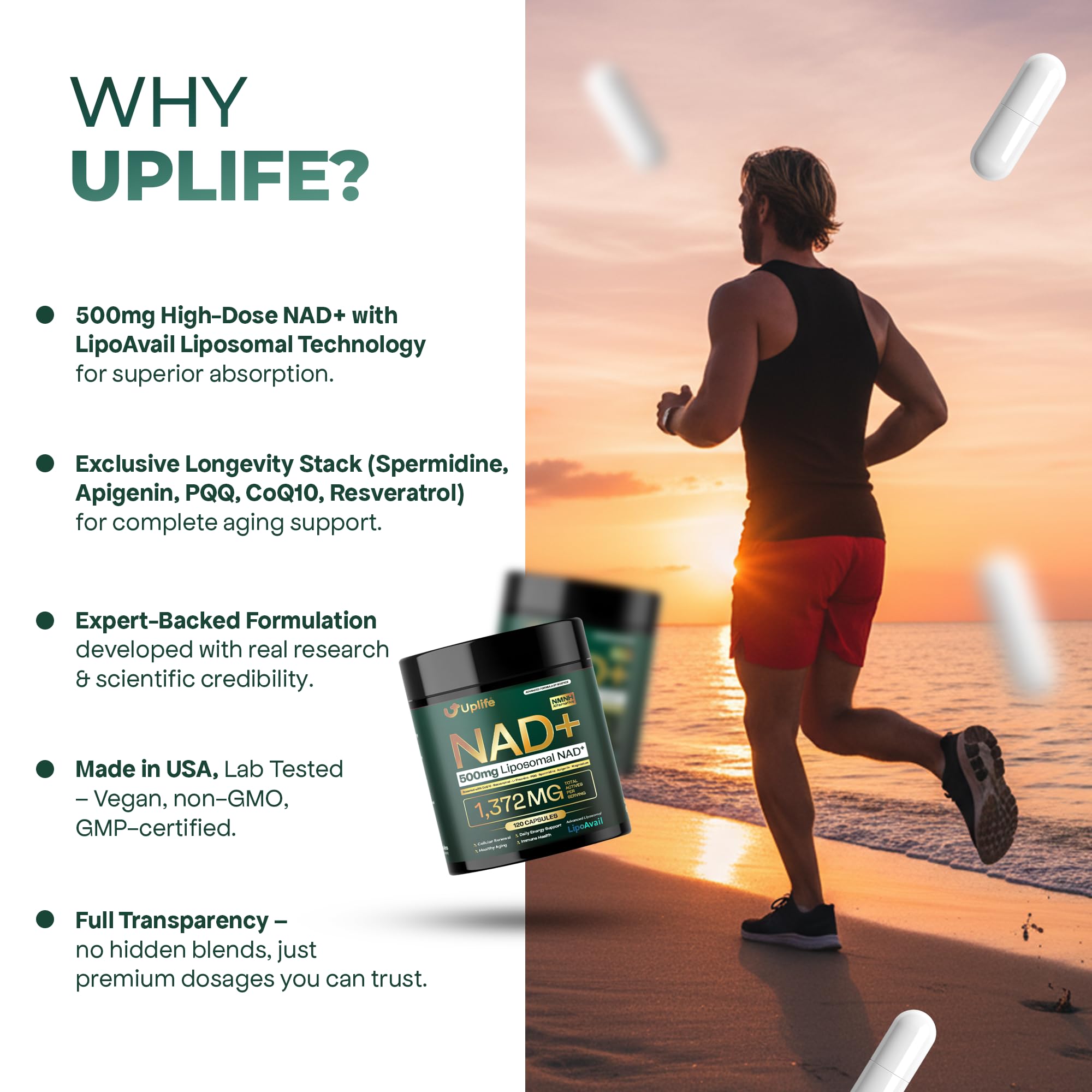 UPLIFE NAD+ Supplement 1,372mg – Liposomal NAD+ with CoQ10, Resveratrol, Spermidine, L-Theanine, Apigenin & PQQ – NMNH Alternative Booster Cellular Energy, Healthy Aging, Immune Health – 120 Capsules UPLIFEAu supplements