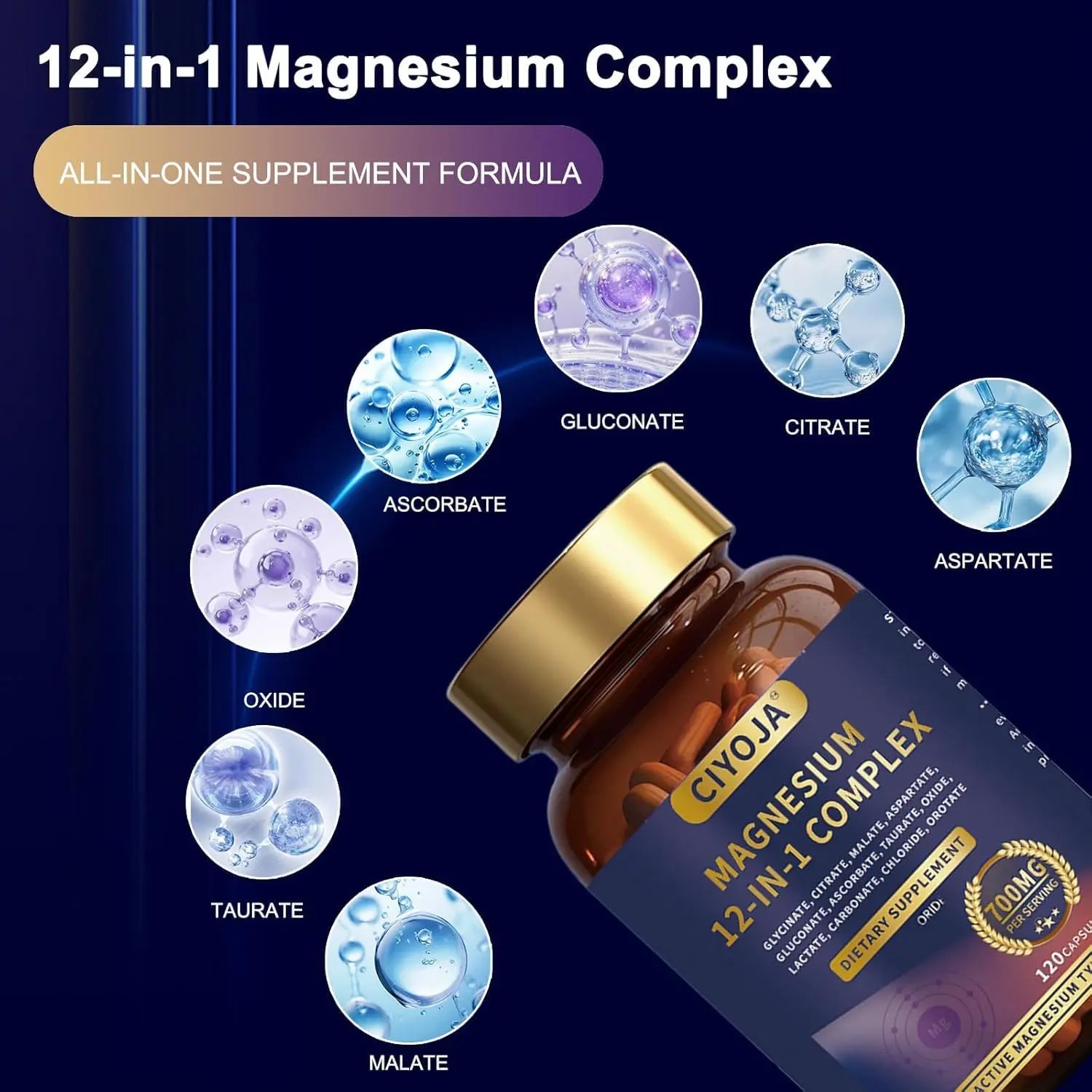 12 in 1 Magnesium Complex 700mg: Magnesium Supplement with Glycinate, Citrate, Malate, Taurate, High Absorption Magnesium for Sleep, Muscle Recovery, Nerve & Heart Support, Vegan, 120 Capsules CIYOJAnz supplements