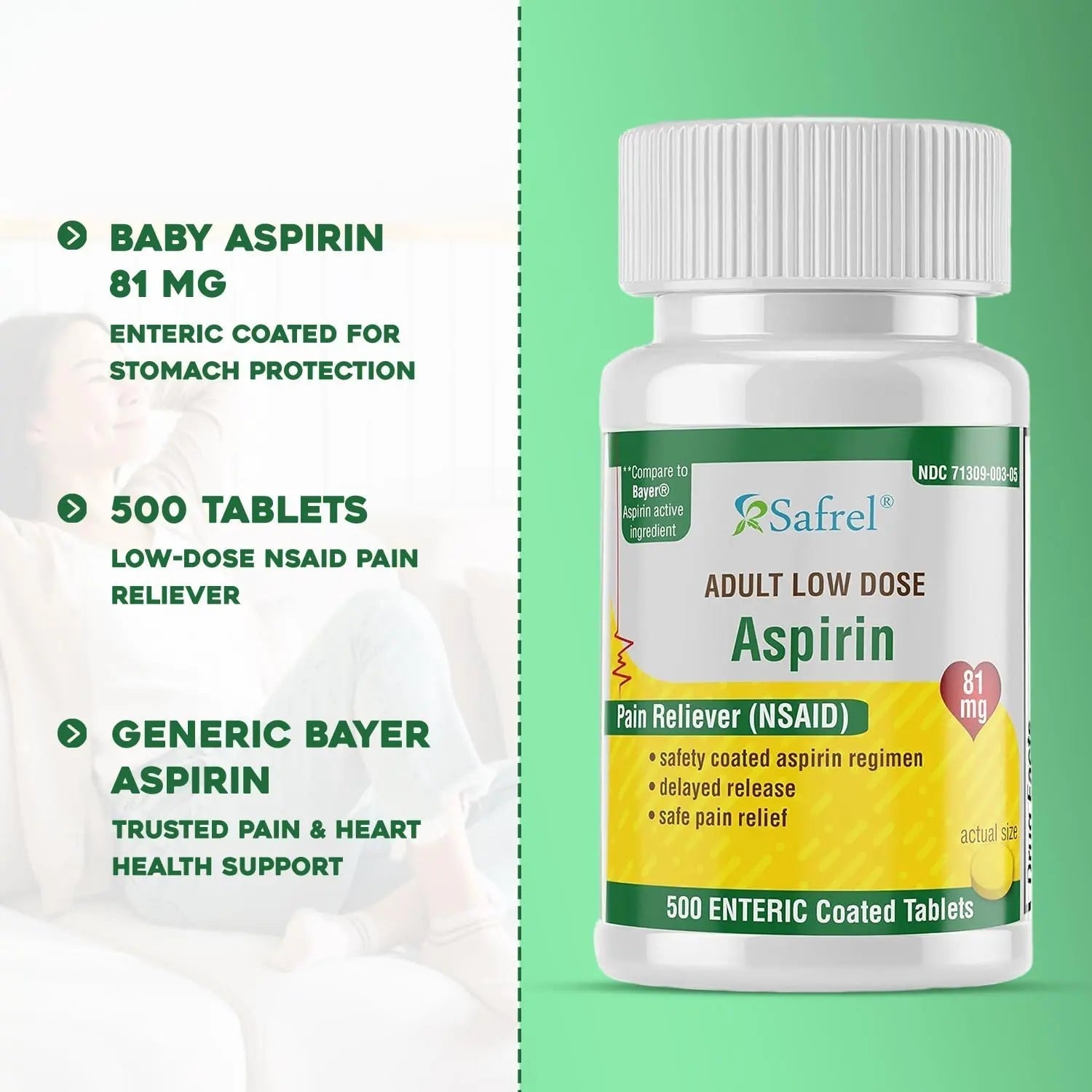 Safrel Generic Bayer Baby Aspirin 81 mg (500 Enteric Coated Tablets) | Adult Low Dose Strength Safe Pain Reliever (NSAID) for Minor Aches | Value Pack SafrelAu supplements