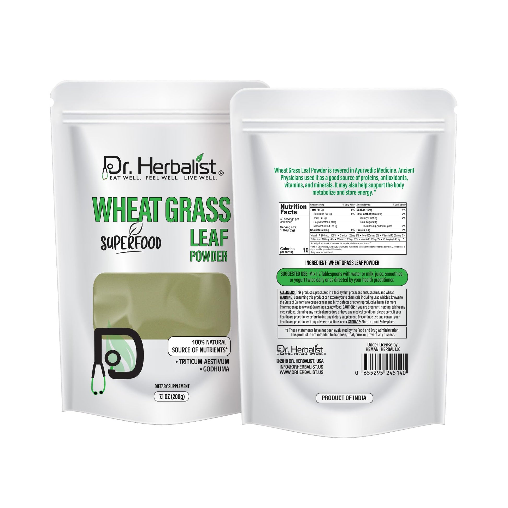 Dr. HERBALIST Wheatgrass Powder 200g - Pure Triticum Aestivum with Chlorophyll Iron & Vitamins A C E | Supports Daily Greens Detox & Nutrient Density* | Halal Dr. HERBALISTAu supplements