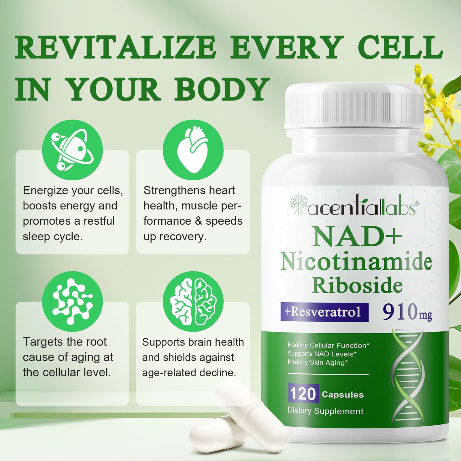 XINSZLIN NAD Supplement, NAD Nicotinamide Riboside Resveratrol 910mg, High Purity NAD Supplement for Healthy Cellular Function, Supports NAD Levels Healthy Skin Aging Dietary Supplement 120 Capsules XINSZLINAu supplements