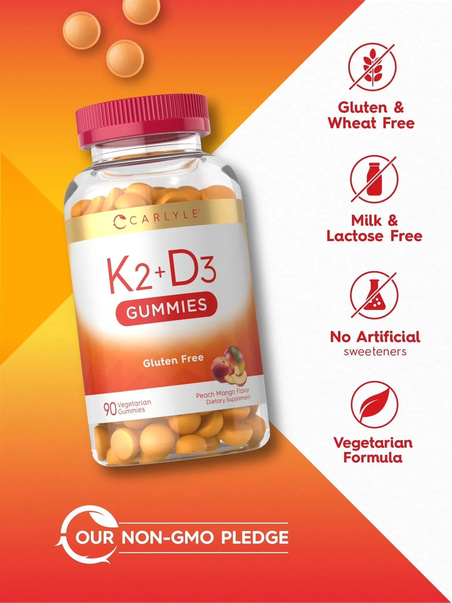 Carlyle Vitamin D3 K2 Gummies | 90 Count | 5,000 IU of D3 + 100 mcg MK7 | Peach Mango Flavor CarlyleAu supplements