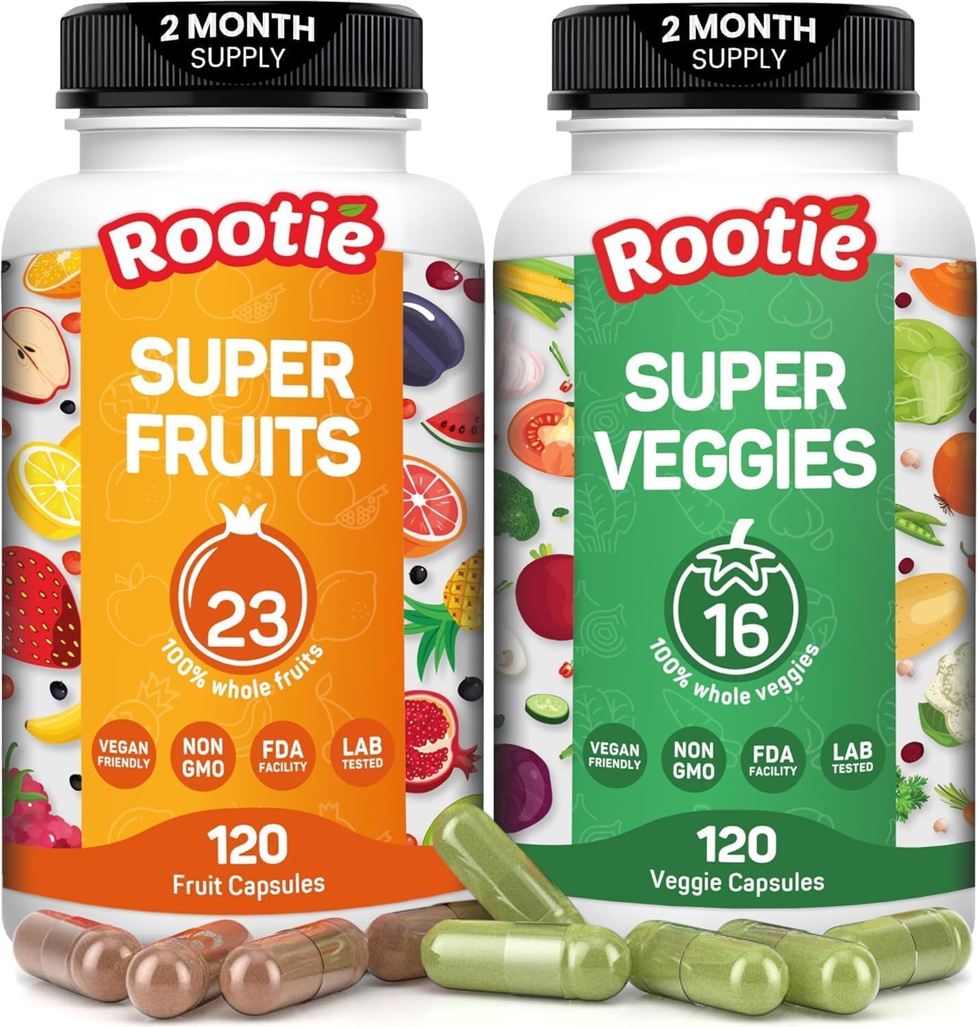 Fruits and Veggies Supplement Powerfull Blend of 39 Whole Fruits and Veggies, Fills Nutritional Gaps, Get Energy, Well-being. USA Made Non-GMO/Vegan/Gluten Free. Packaging May Vary (60 Day Supply) ROOTIEAu supplements