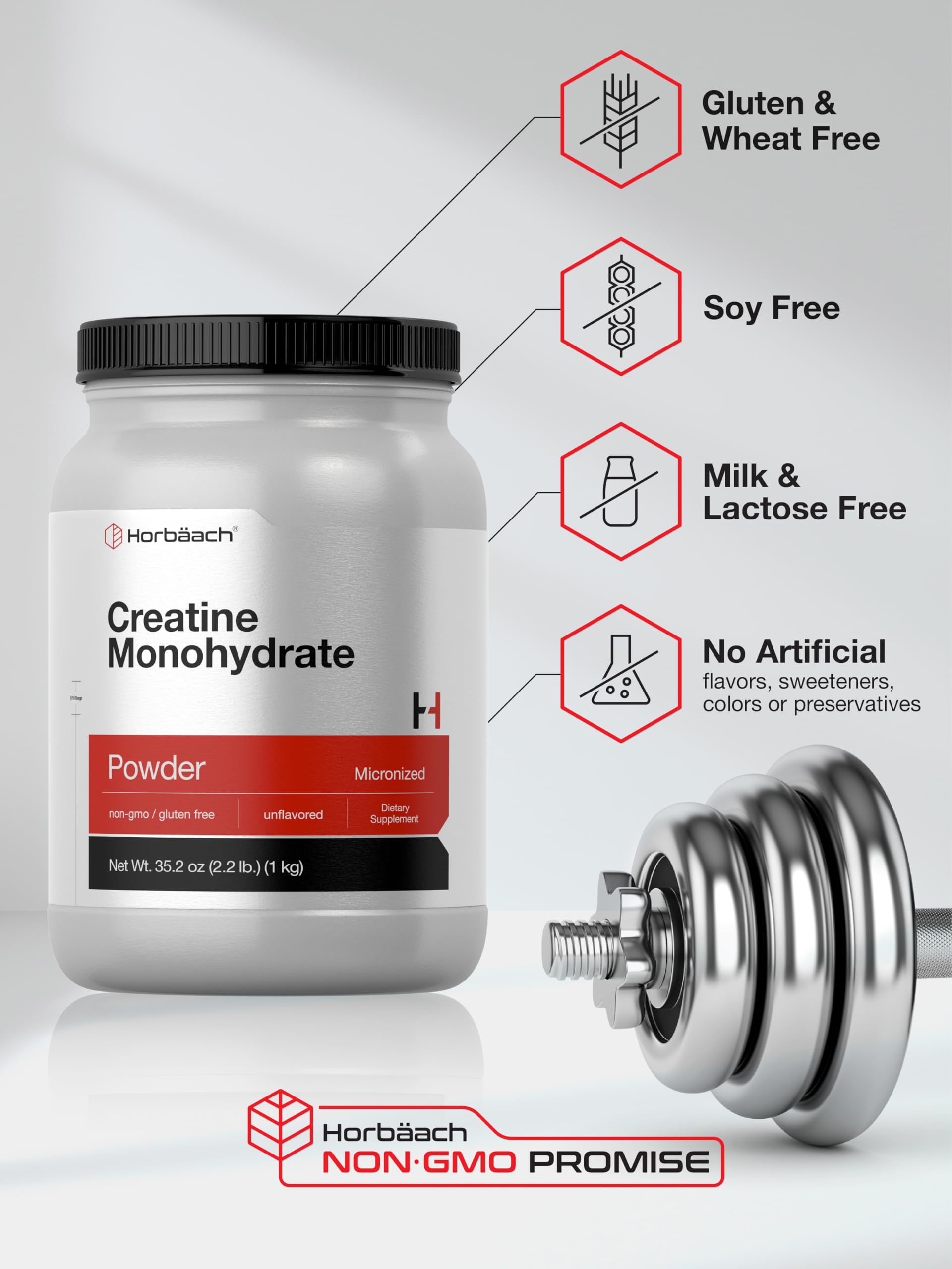 Horbäach Creatine Monohydrate Powder | 2.2lbs (35.2 oz) | Micronized and Unflavored | Vegetarian, Non-GMO, and Gluten Free Supplement HorbäachAu supplements